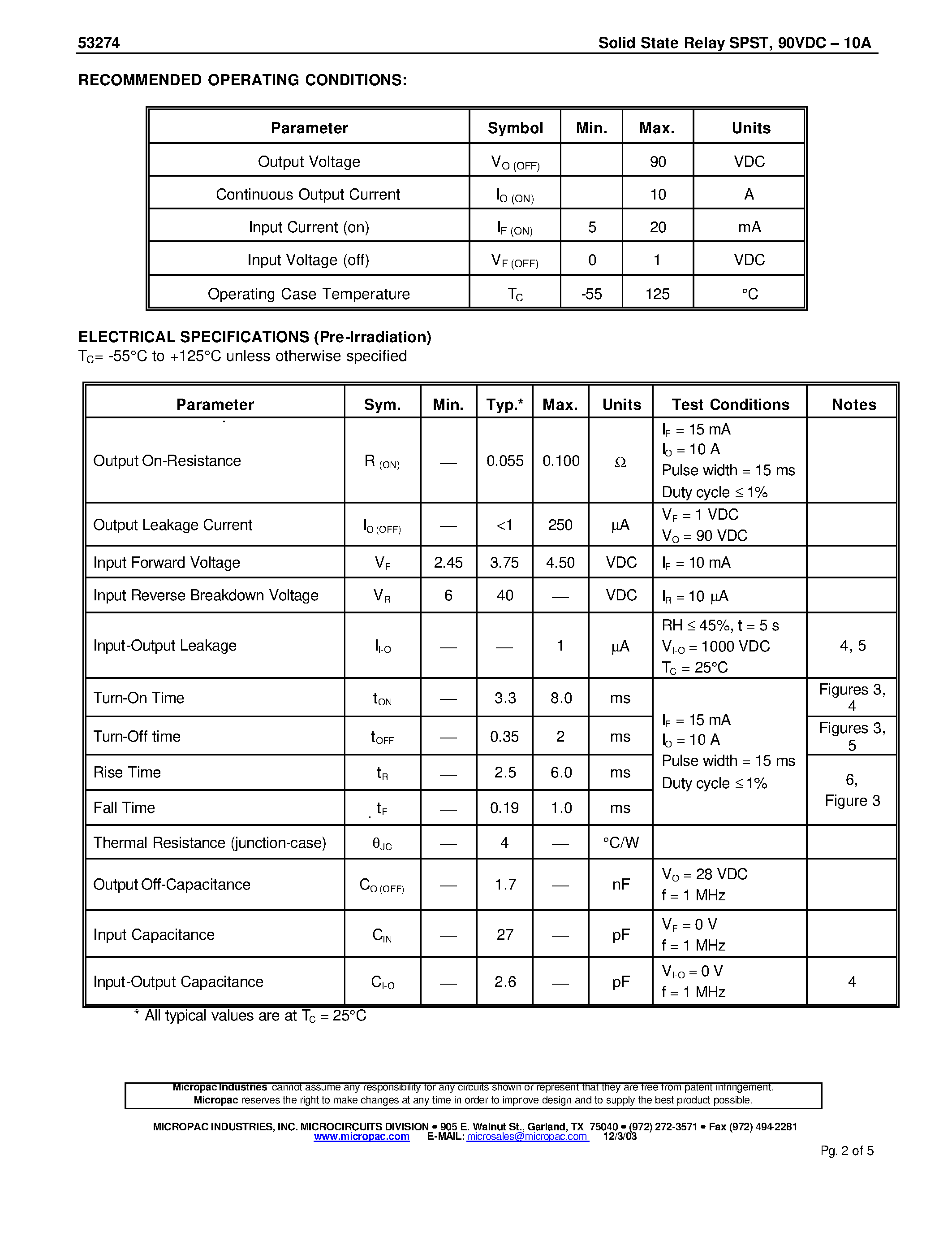 Datasheet 53274 page 2 Datasheet 53274 - Solid State Relay SPST page 2