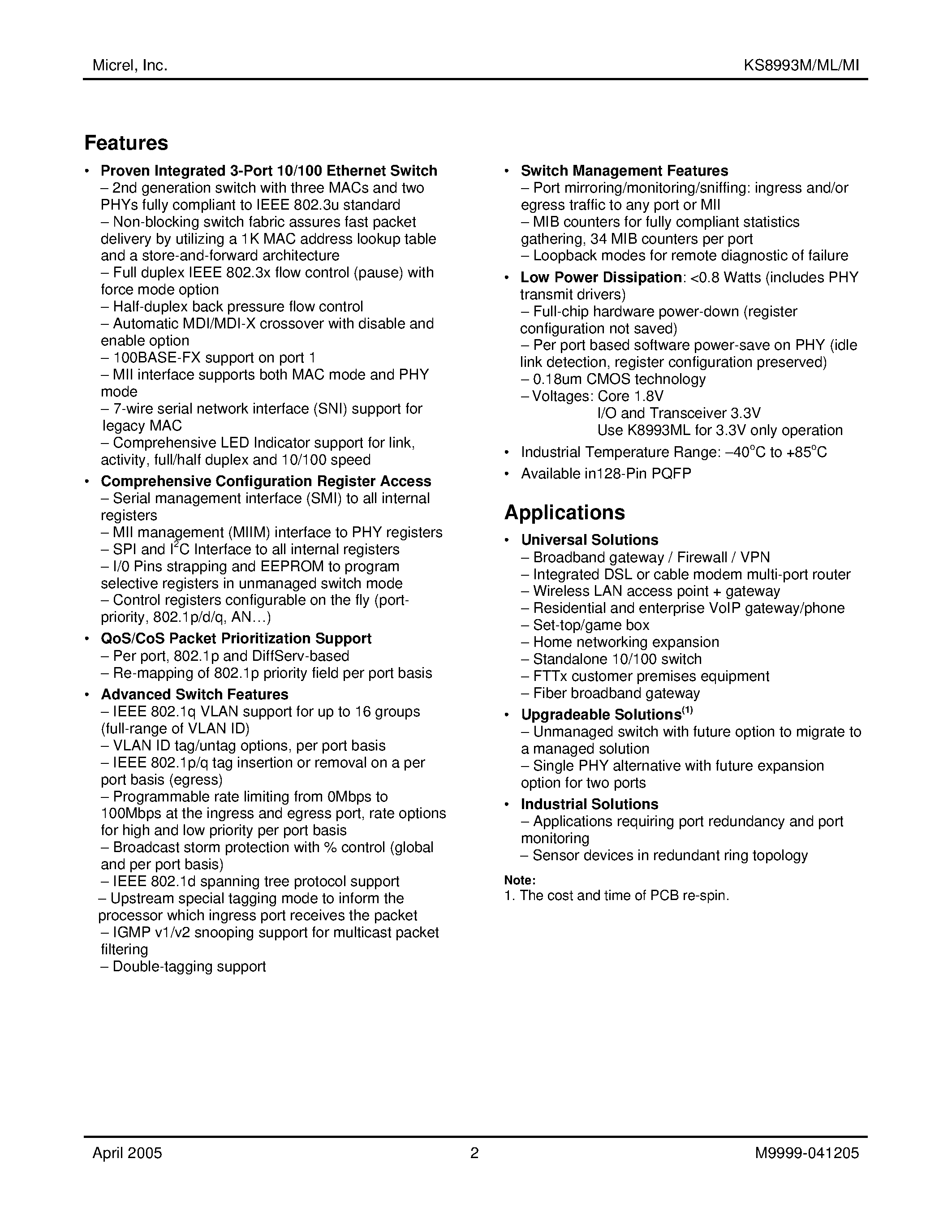 Datasheet KSZ8993ML - Integrated 3-Port 10/100 Managed Integrated 3-Port 10/100 Managed page 2