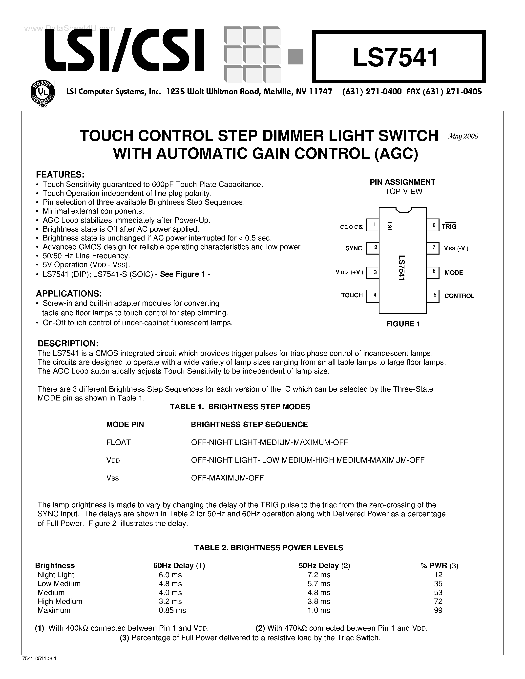 Datasheet LS7541 - TOUCH CONTROL STEP DIMMER LIGHT SWITCH page 1