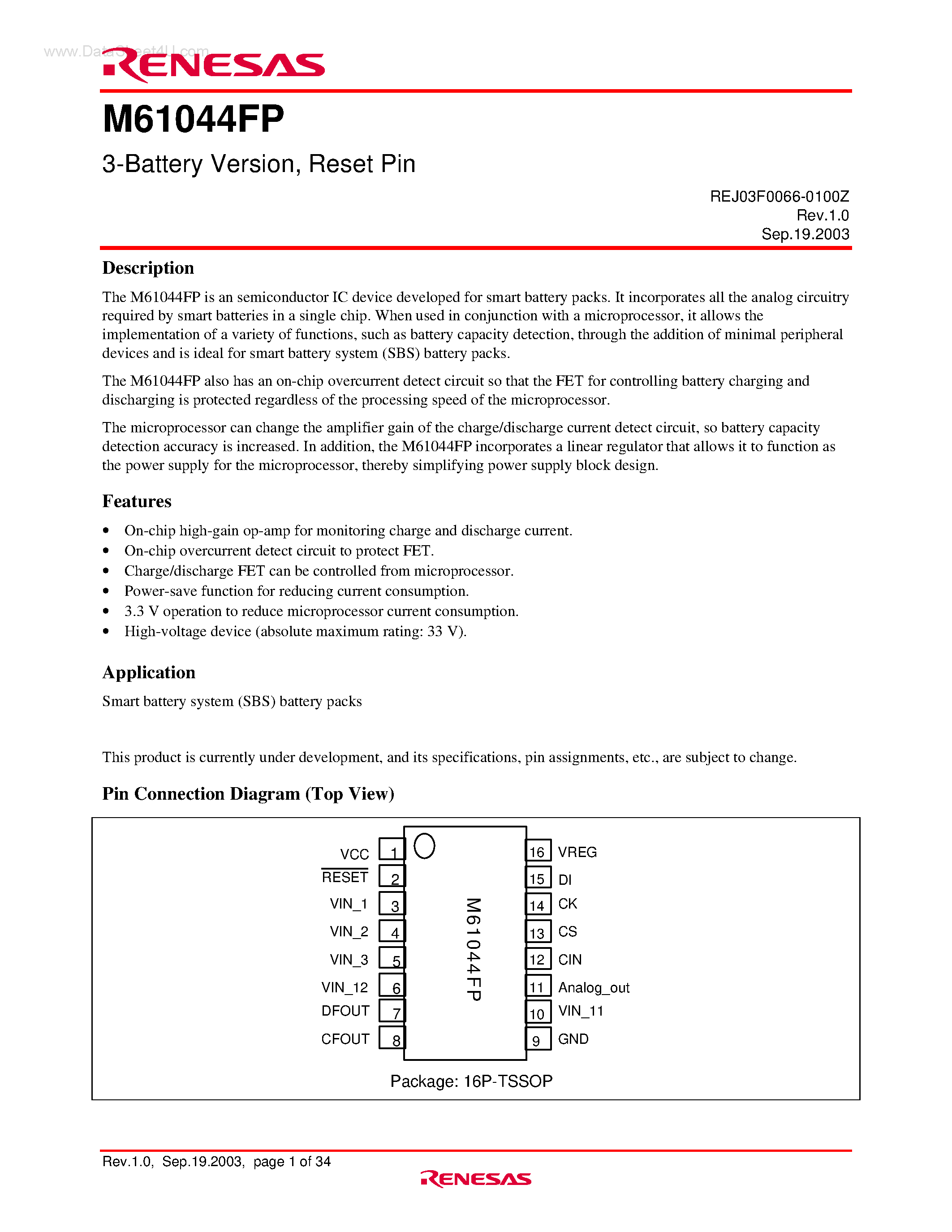 Datasheet M61044FP - 3-Battery Version page 1