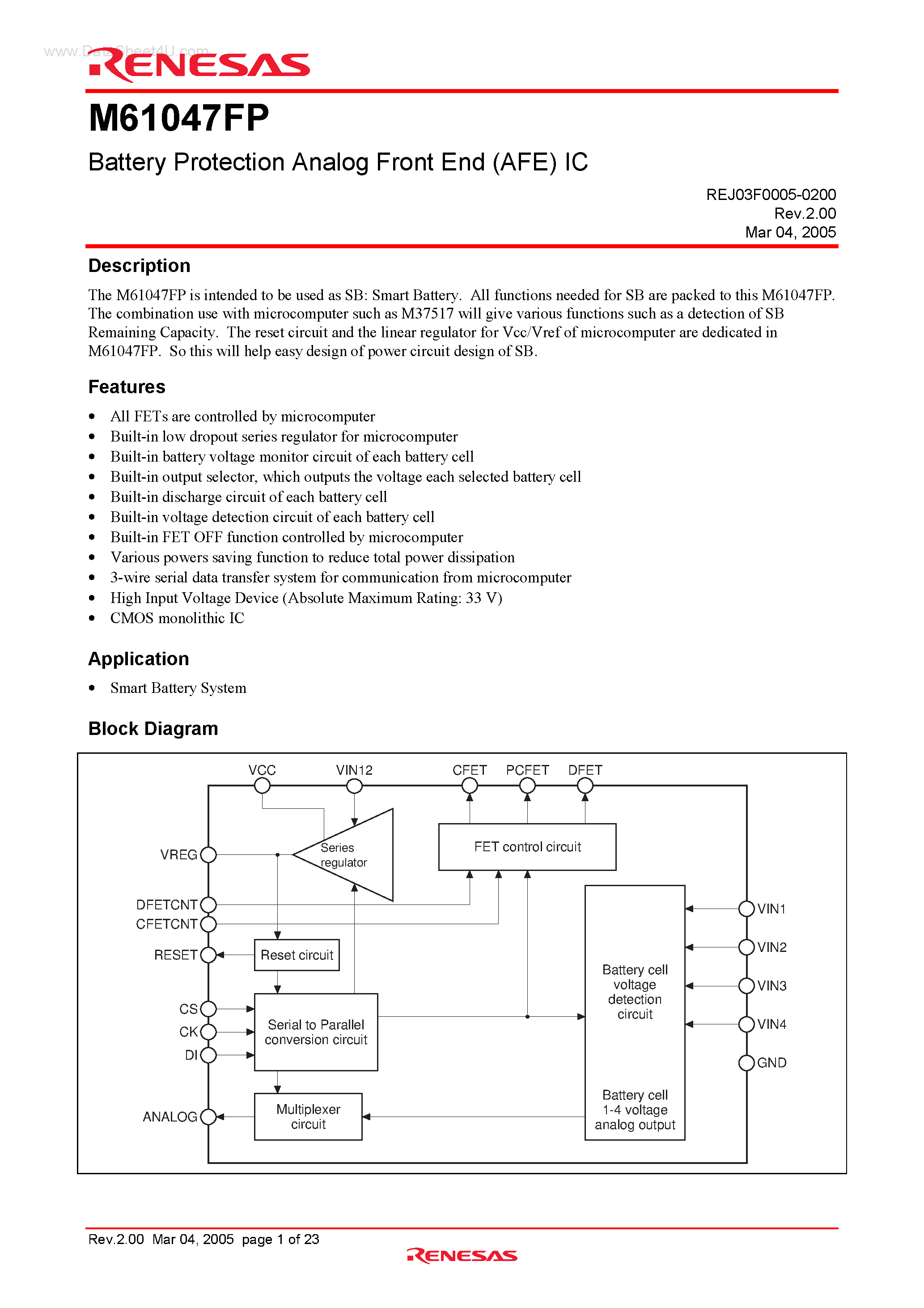 Даташит M61047FP - Battery Protection Analog Front End (AFE) IC страница 1