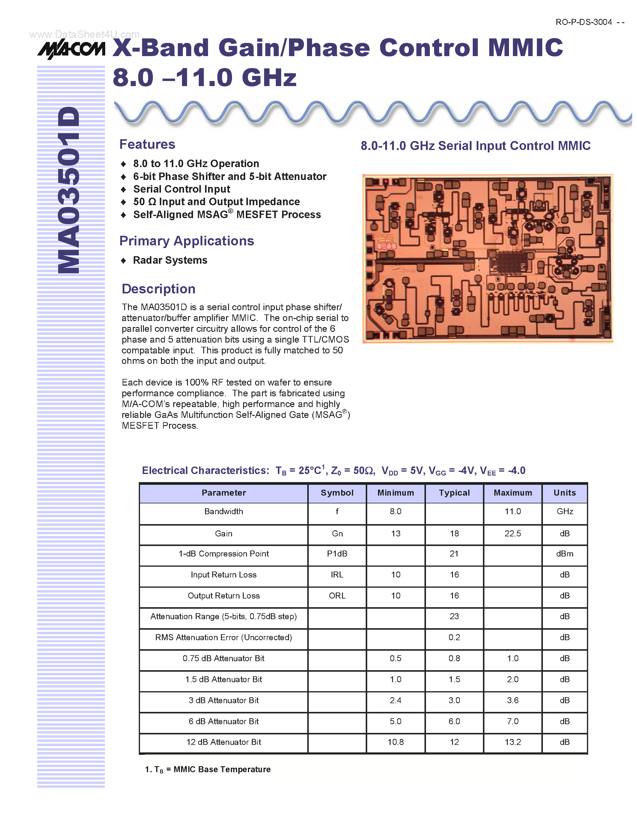 Datasheet MA03501D - X-Band Gain/Phase Control MMIC page 1