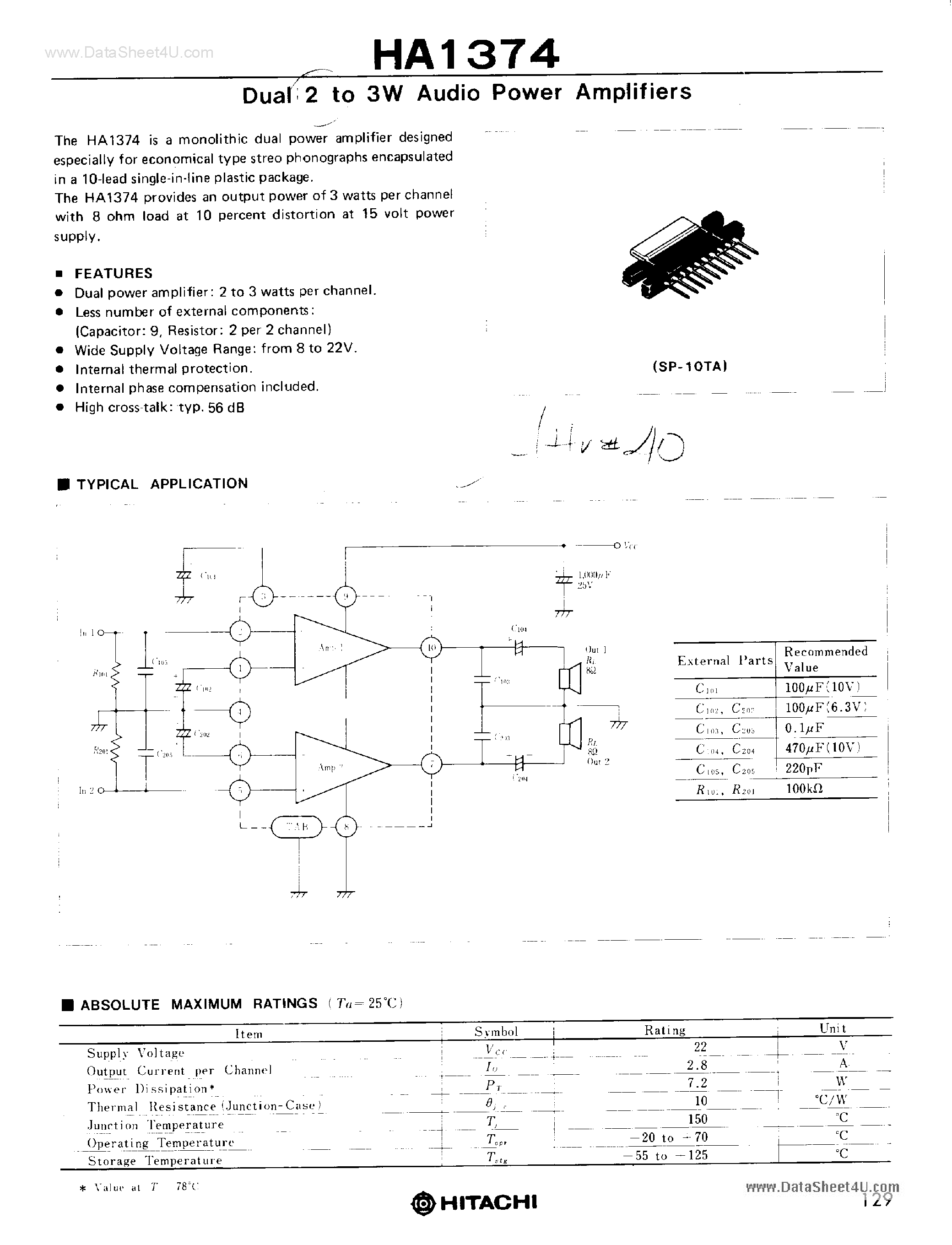 Даташит HA1374 - Dual 2 to 3W Audio Power Amplifiers страница 1