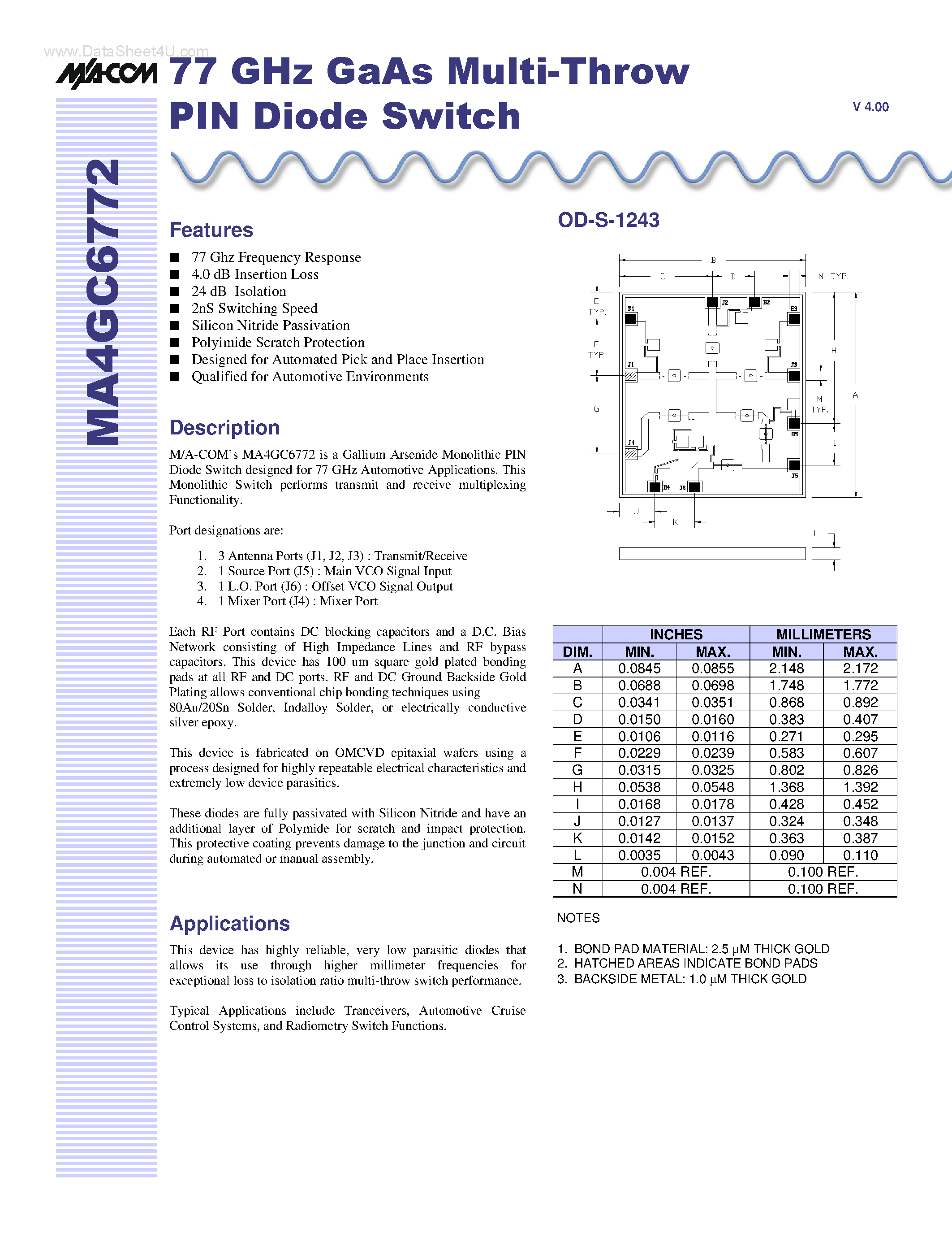 Datasheet MA4GC6772 - GaAs Multi-Throw PIN Diode Switch page 1