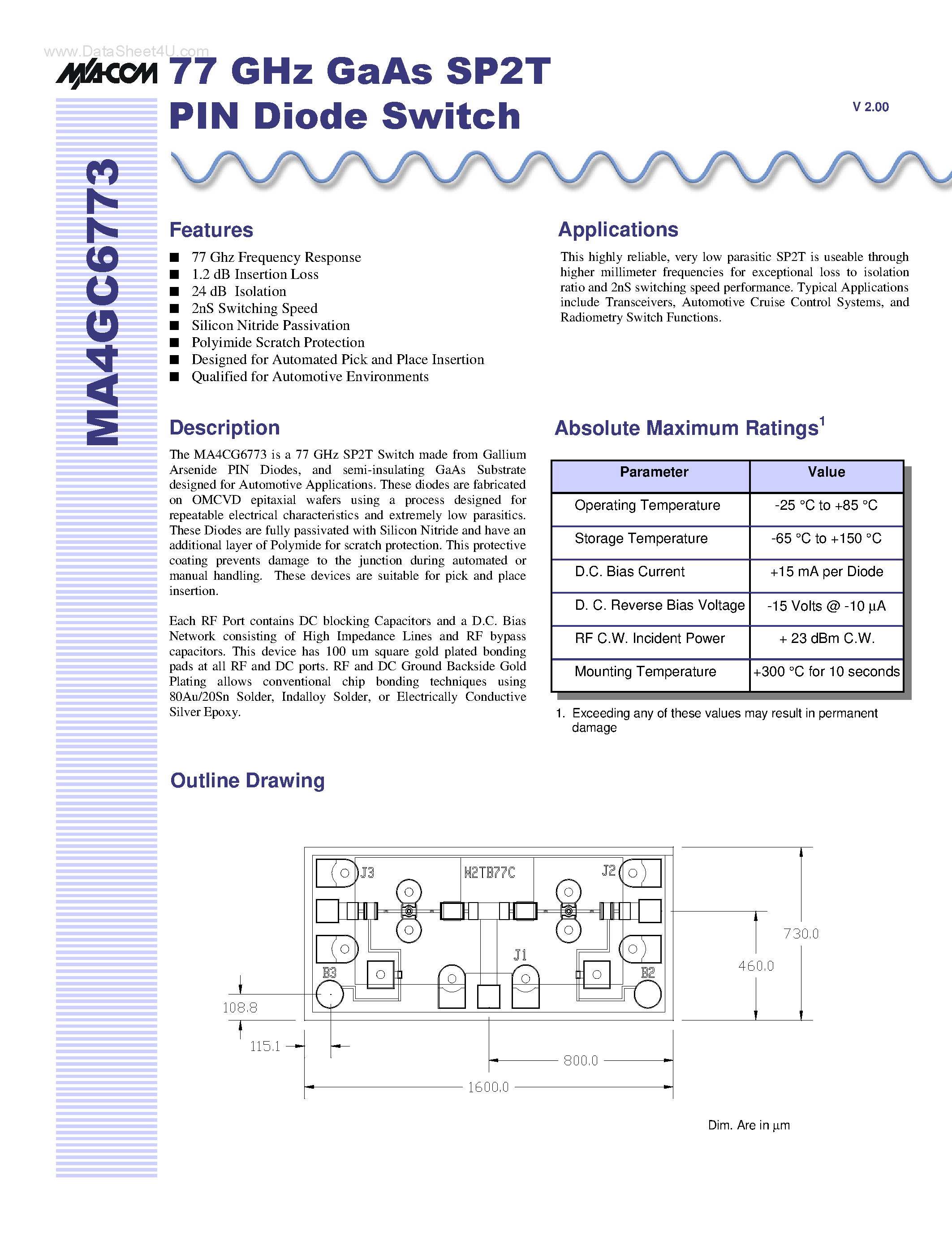 Datasheet MA4GC6773 page 1 Datasheet MA4GC6773 - GaAs SP2T PIN Diode Switch page 1