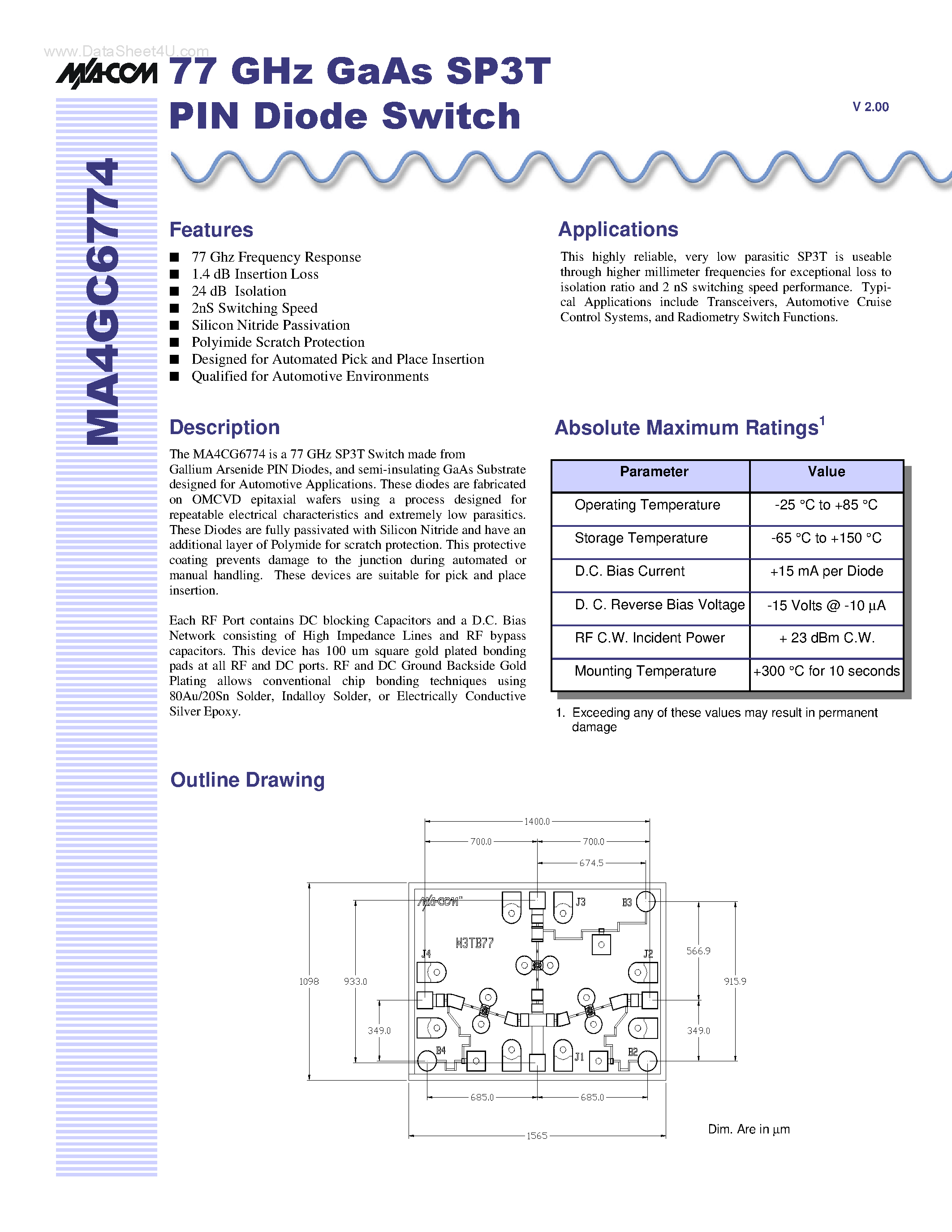 Datasheet MA4GC6774 - GaAs SP3T PIN Diode Switch page 1