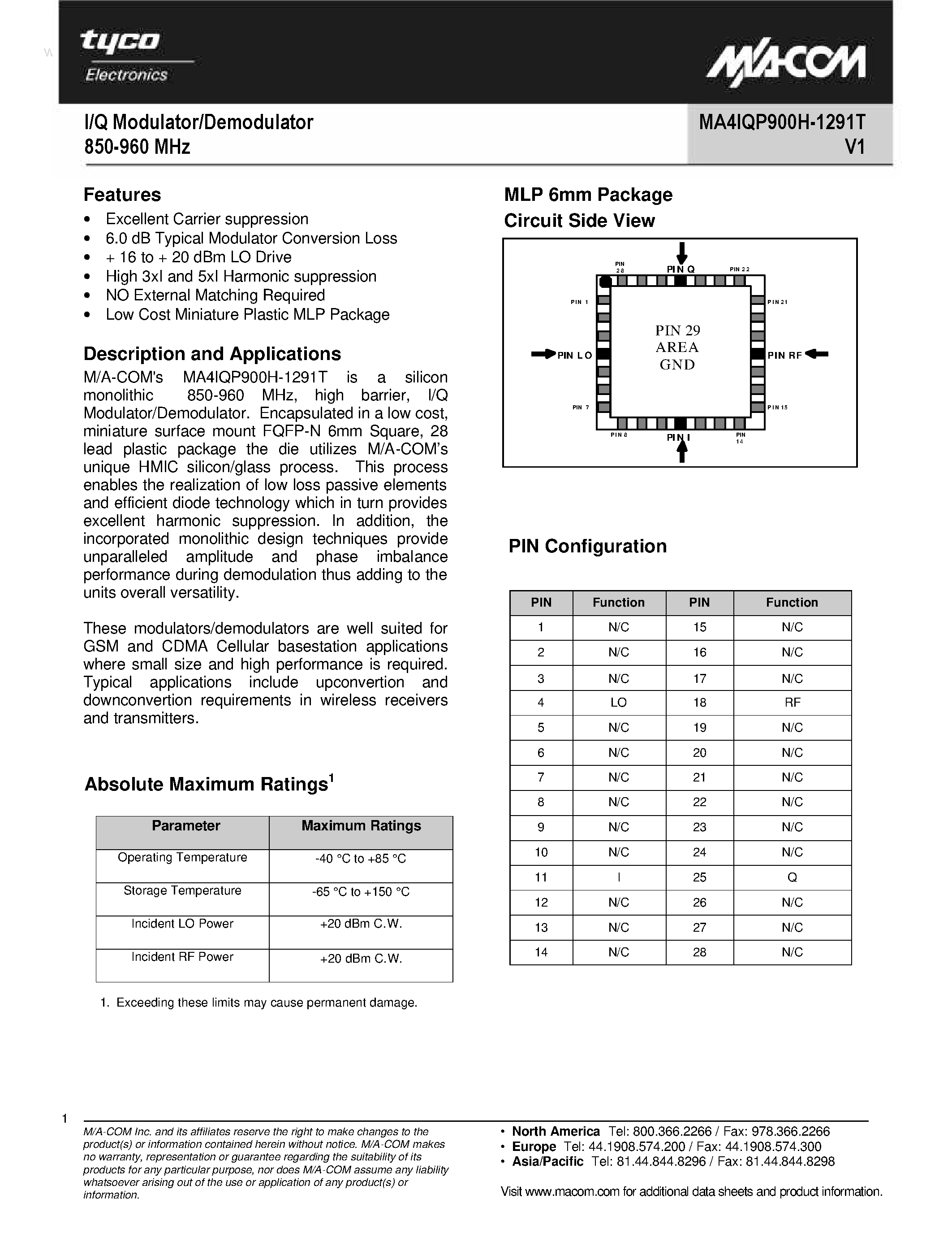 Datasheet MA4IQP900H-1291T page 1 Datasheet MA4IQP900H-1291T - I/Q Modulator/Demodulator page 1