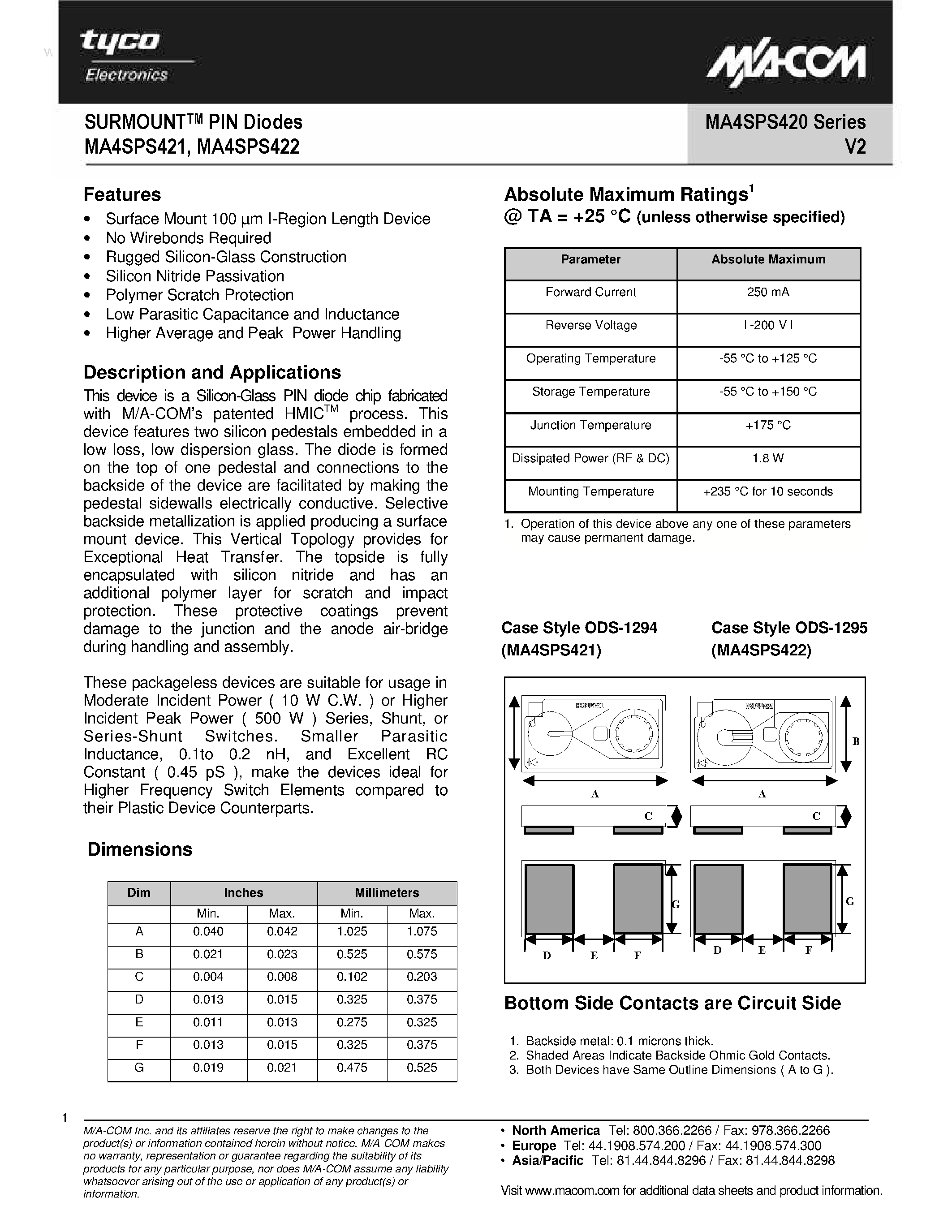 Даташит MA4SPS420 - (MA4SPS420 Series) SURMOUNT PIN Diodes страница 1