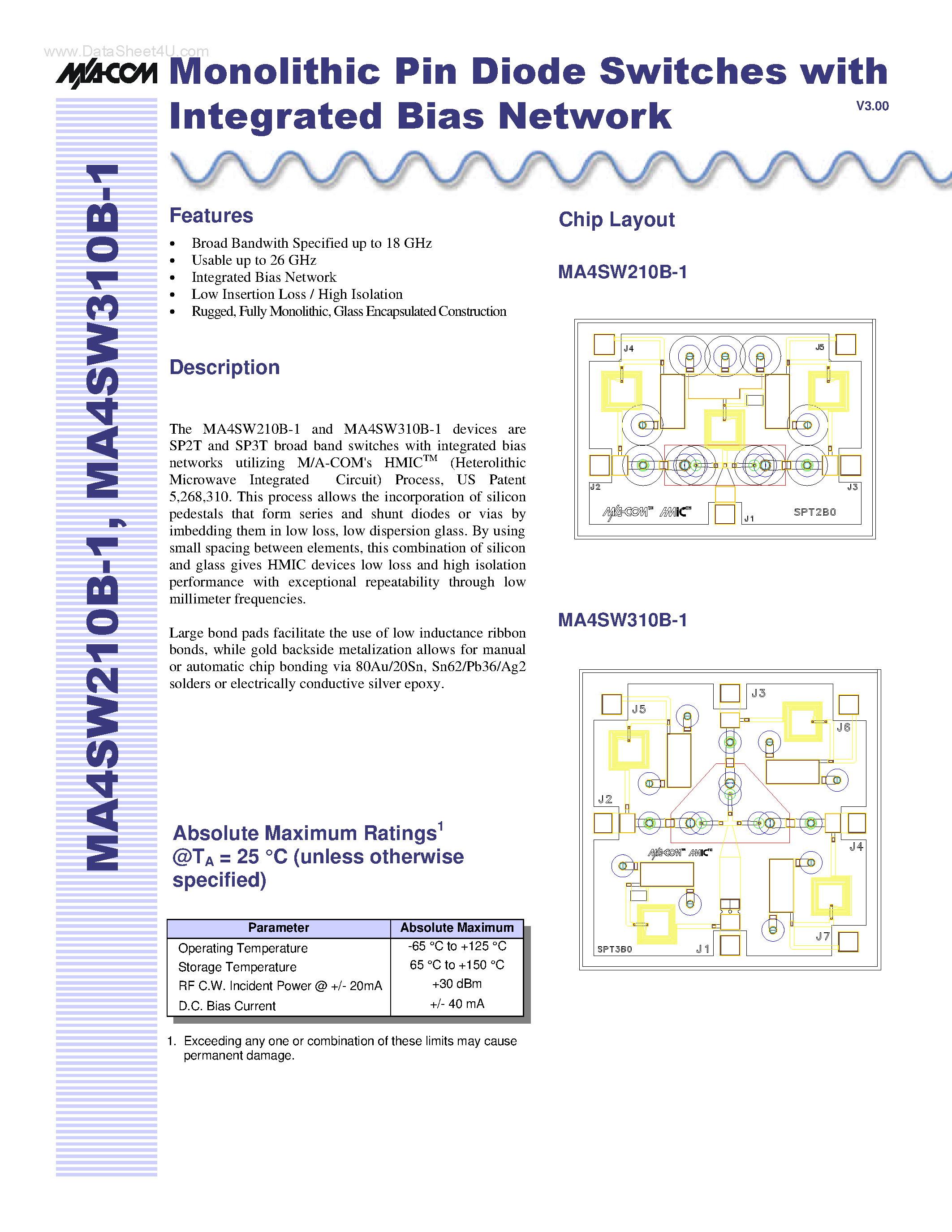 Datasheet MA4SW210B-1 - (MA4SW210B-1 / MA4SW310B-1) Monolithic Pin Diode Switches page 1