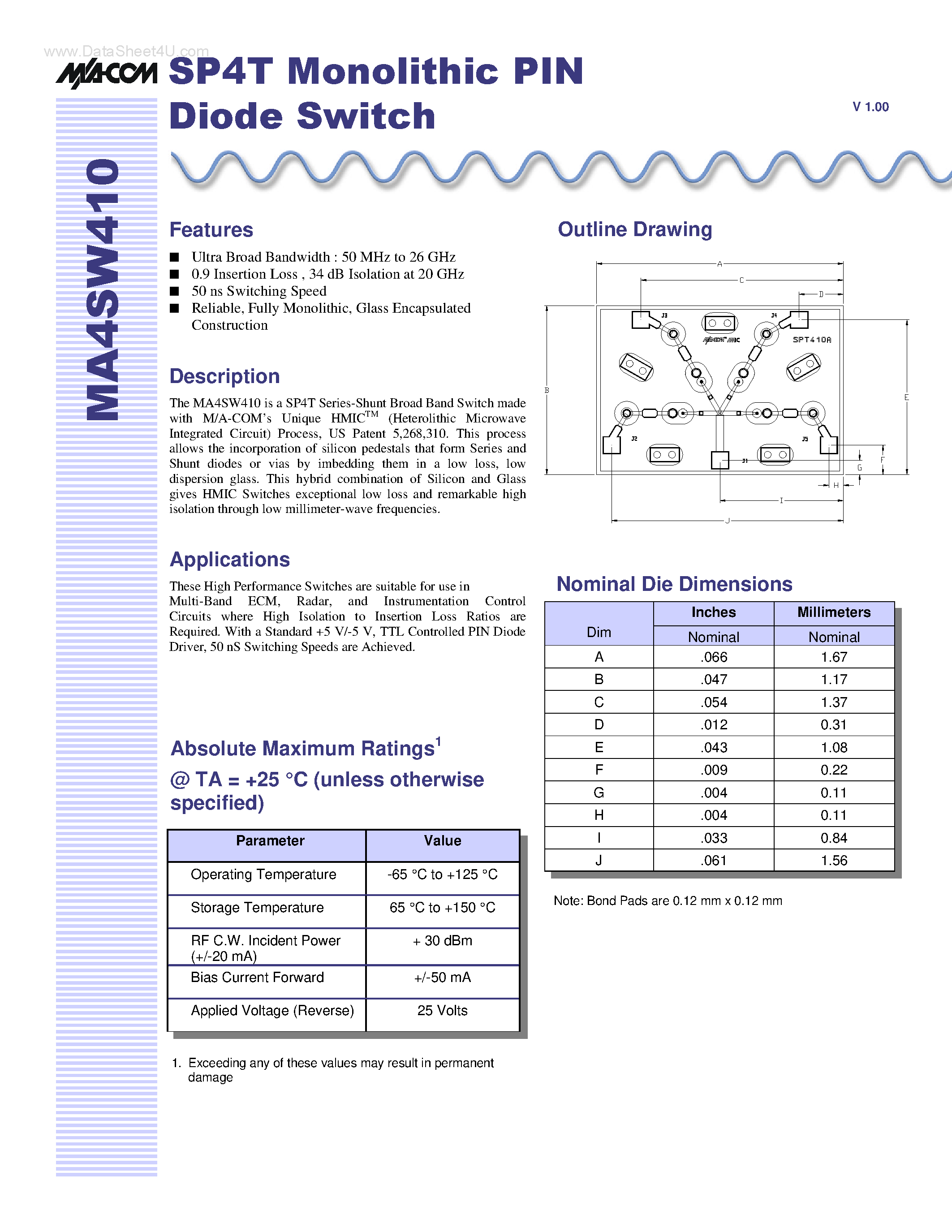 Datasheet MA4SW410 page 1 Datasheet MA4SW410 - SP4T Monolithic PIN Diode Switch page 1