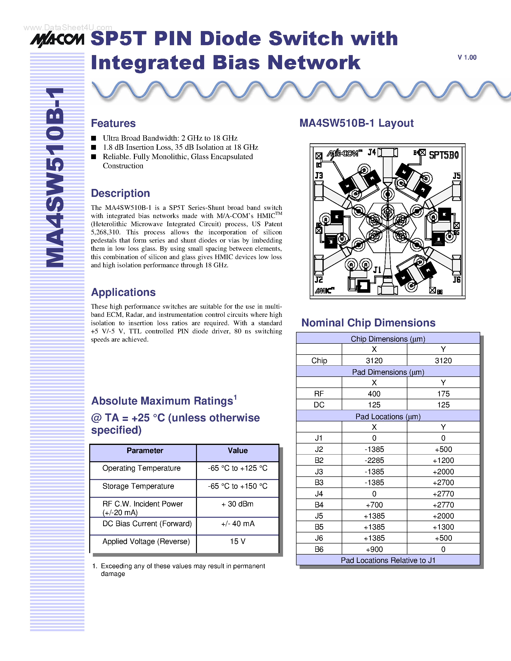 Datasheet MA4SW510B-1 page 1 Datasheet MA4SW510B-1 - SP5T PIN Diode Switch page 1
