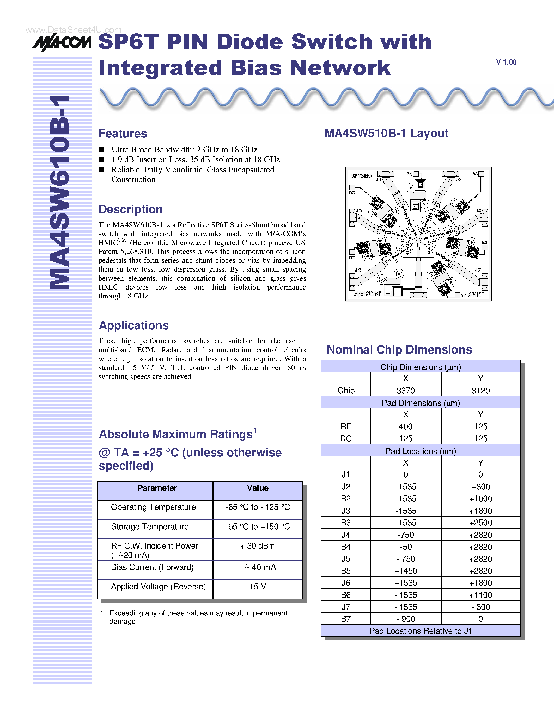 Datasheet MA4SW610B-1 page 1 Datasheet MA4SW610B-1 - SP6T PIN Diode Switch page 1