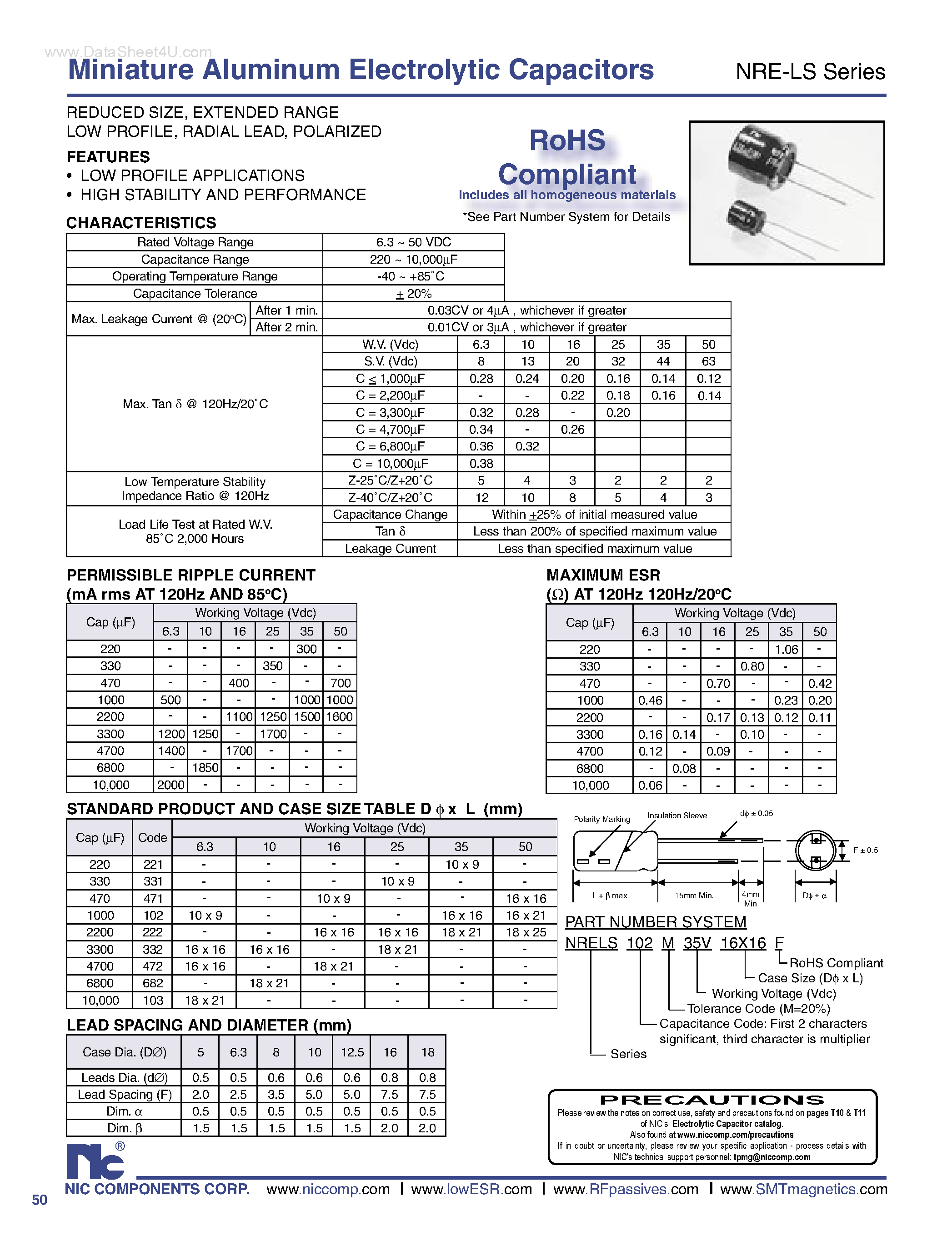 Datasheet NRE-LS - Miniature Aluminum Electrolytic Capacitors page 1