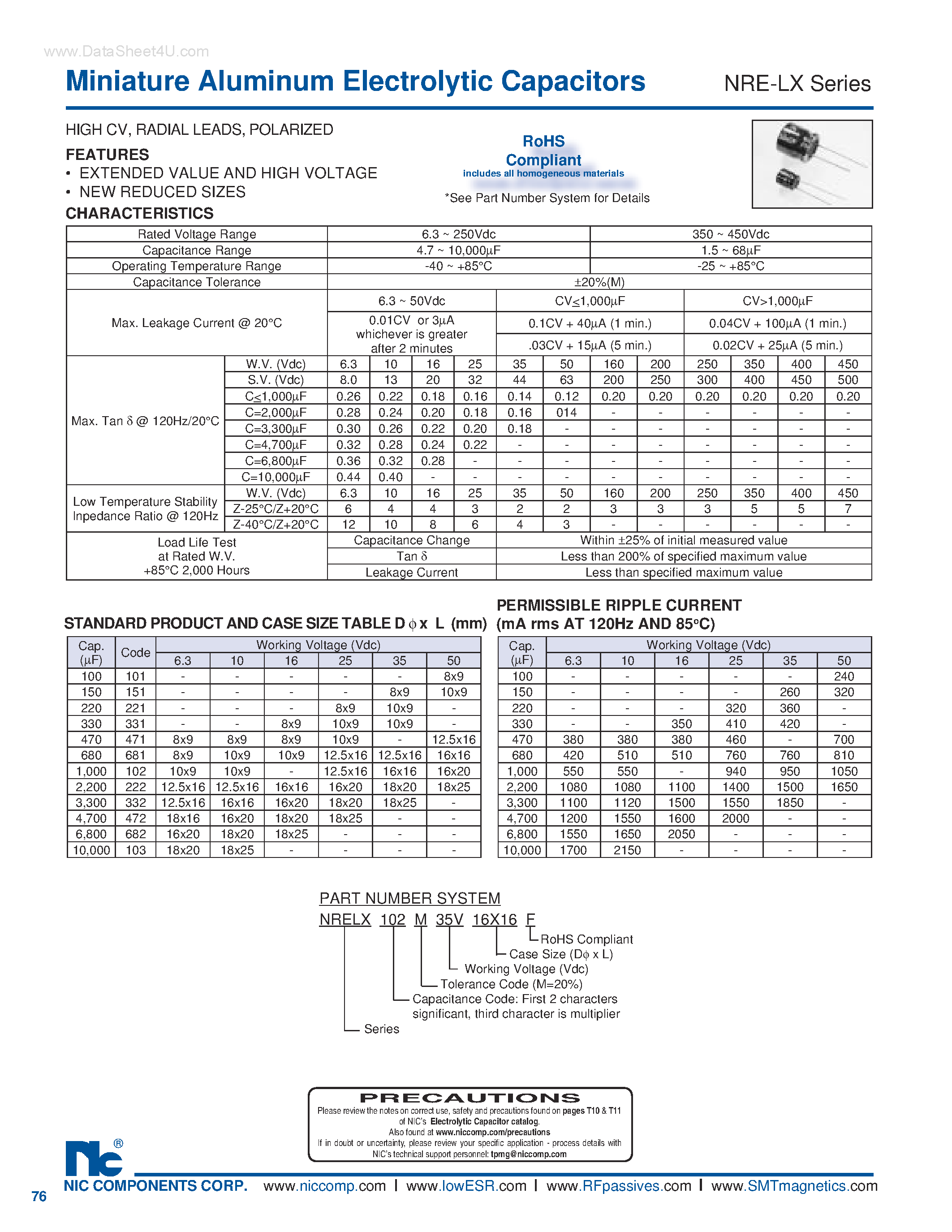 Datasheet NRE-LX - Miniature Aluminum Electrolytic Capacitors page 1