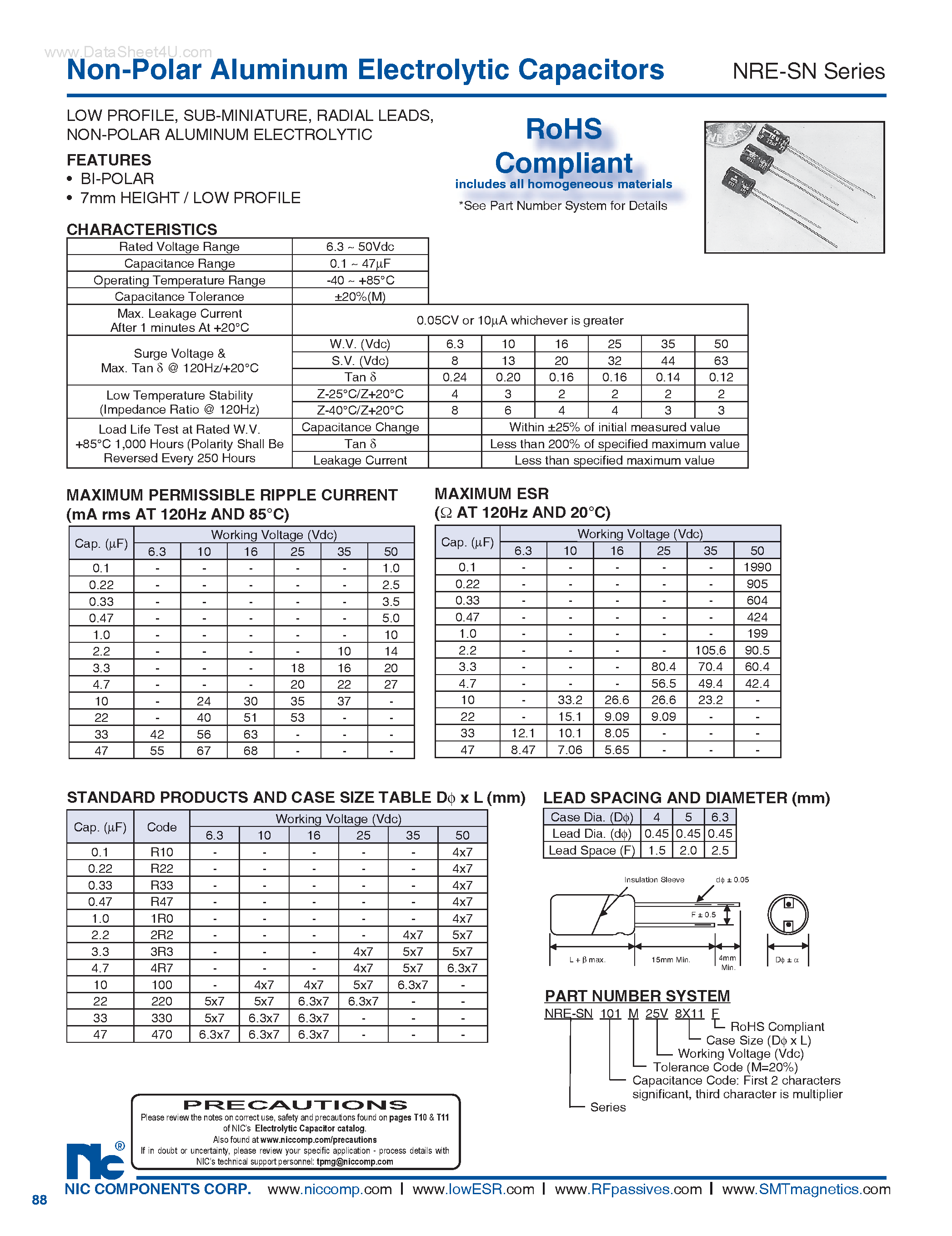 Datasheet NRE-SN - Non-Polar Aluminum Electrolytic Capacitors page 1