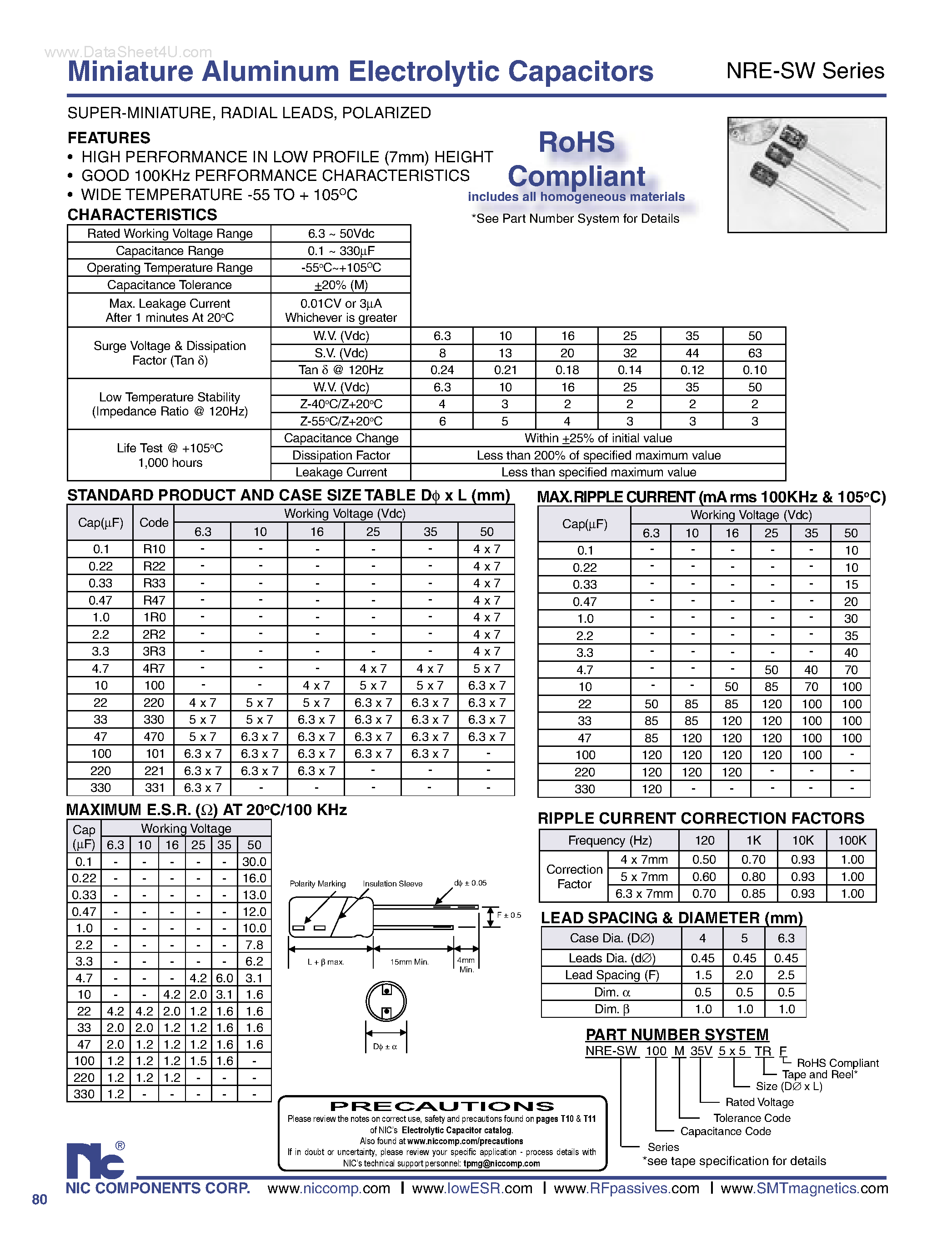 Datasheet NRE-SW - Miniature Aluminum Electrolytic Capacitors page 1
