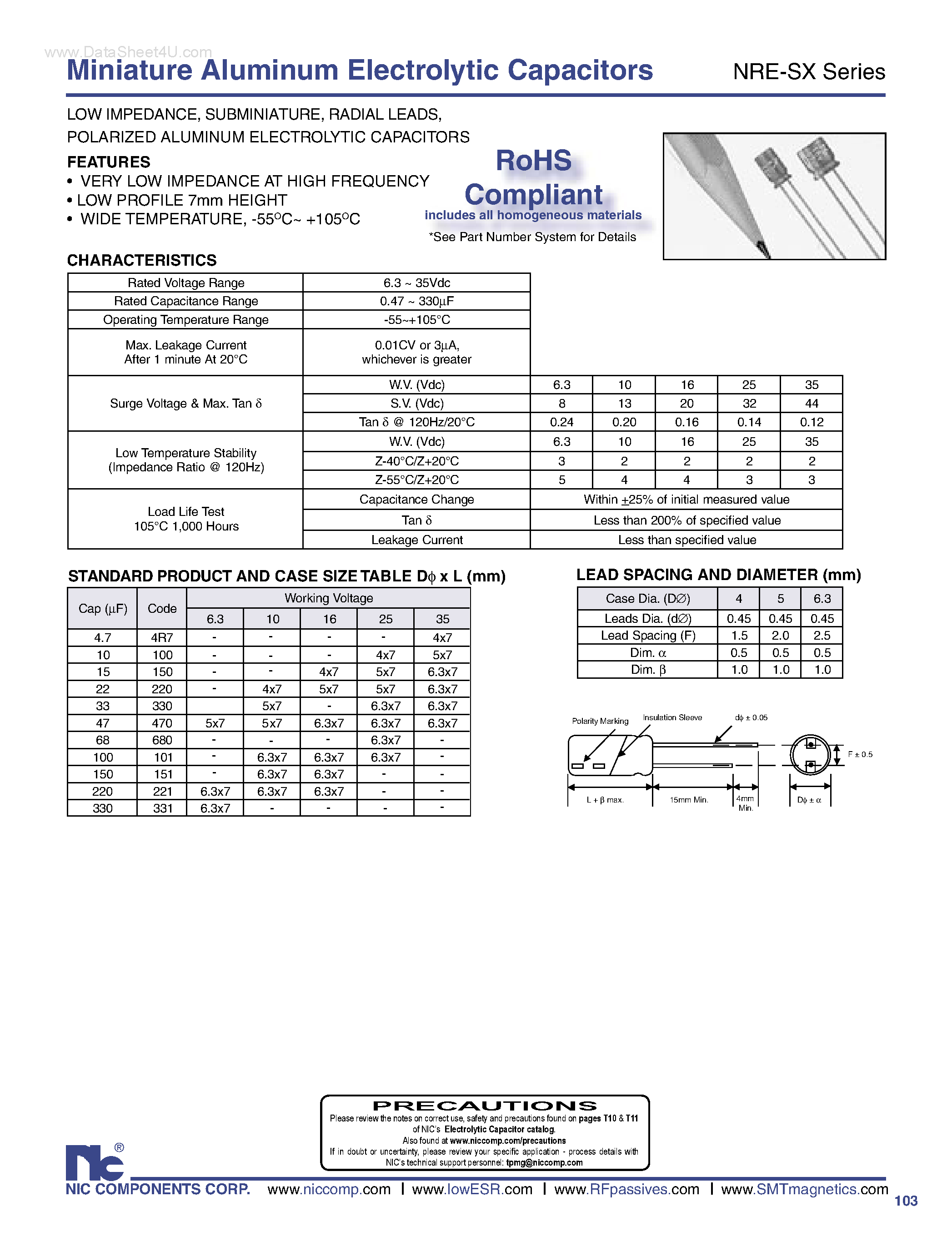 Datasheet NRE-SX - Miniature Aluminum Electrolytic Capacitors page 1