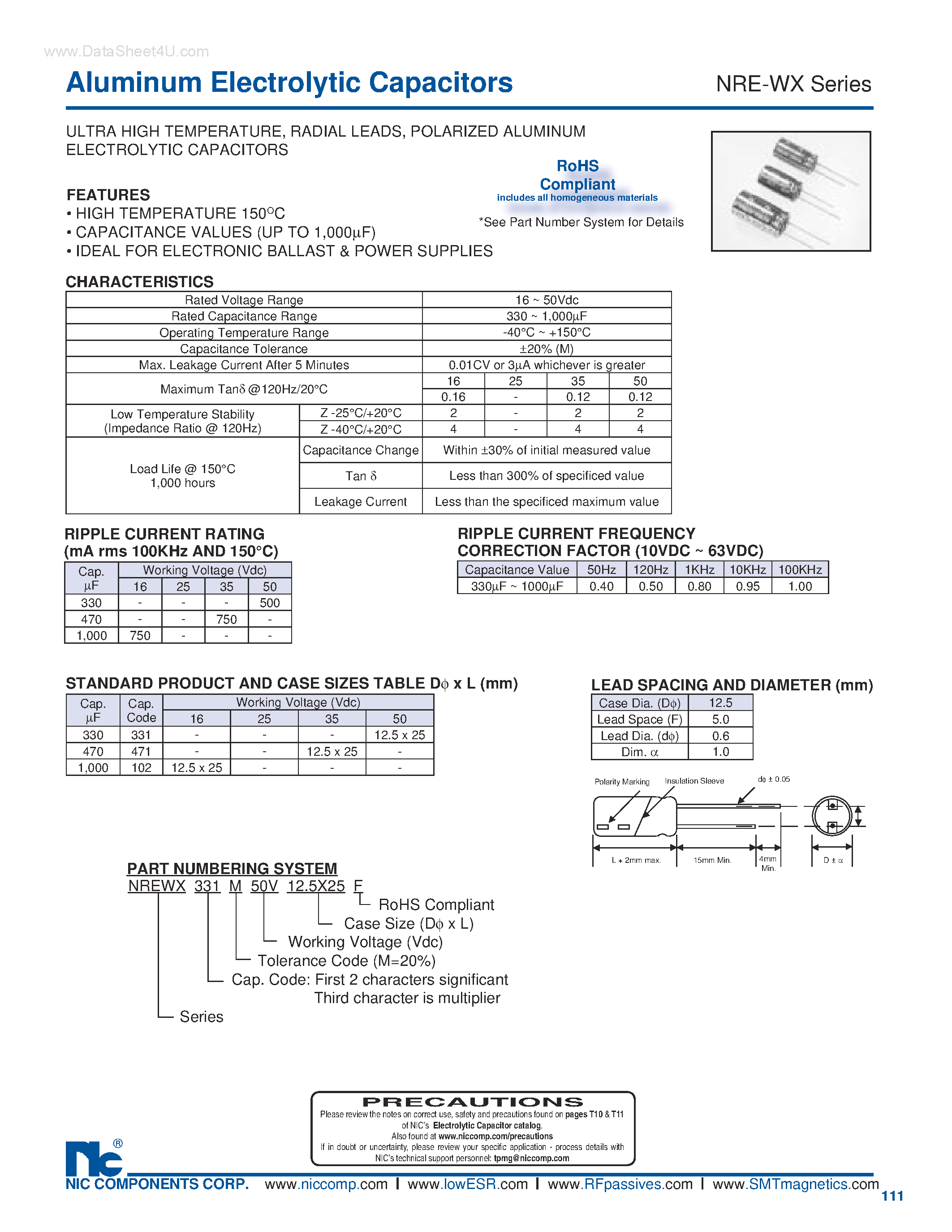 Datasheet NRE-WX - Miniature Aluminum Electrolytic Capacitors page 1