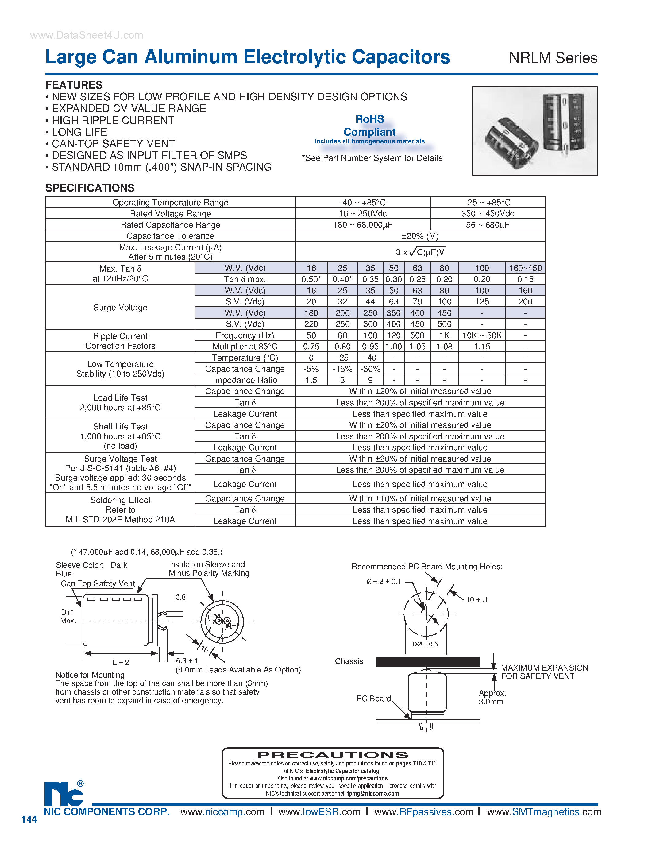 Datasheet NRLM - Large Can Aluminum Electrolytic Capacitors page 1
