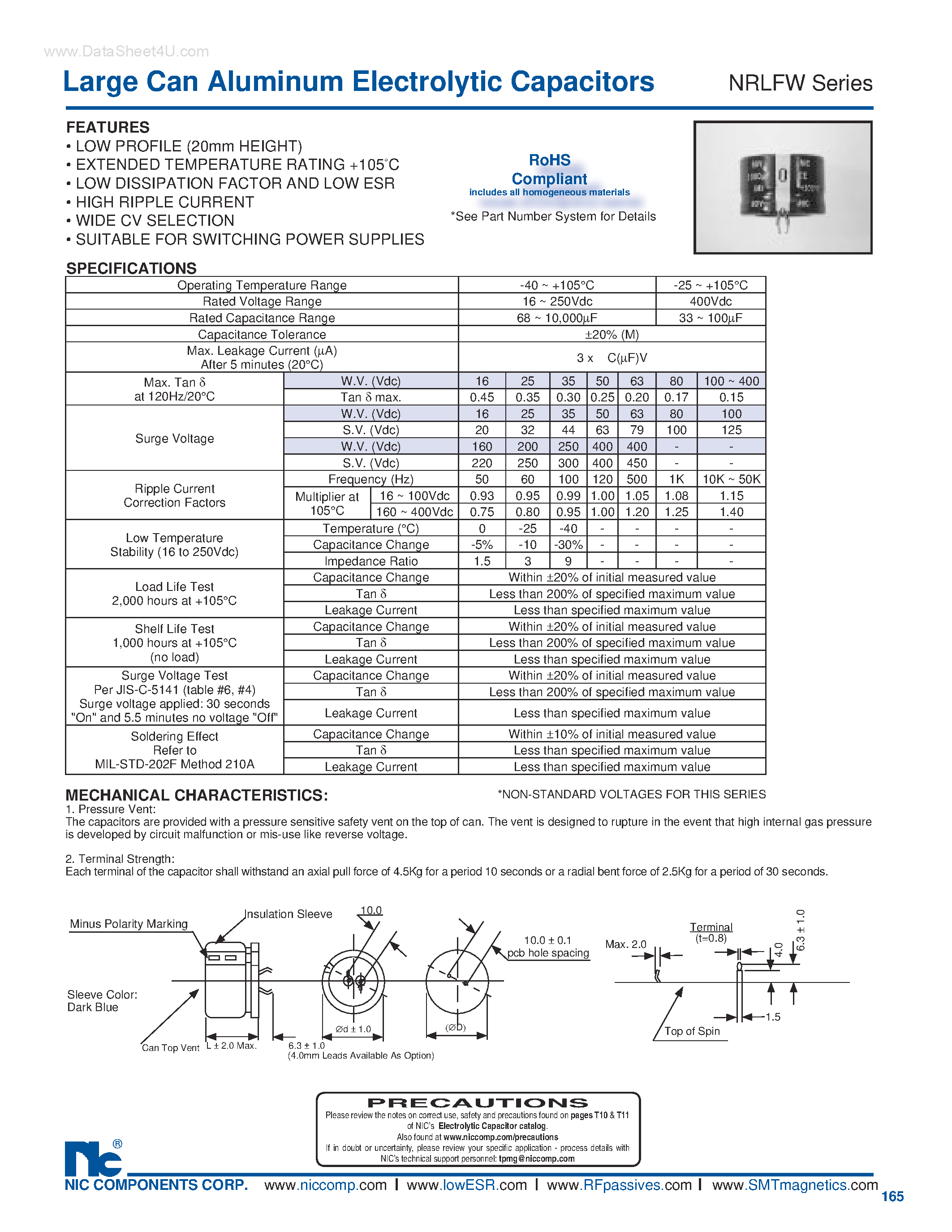Datasheet NRLFW - Large Can Aluminum Electrolytic Capacitors page 1