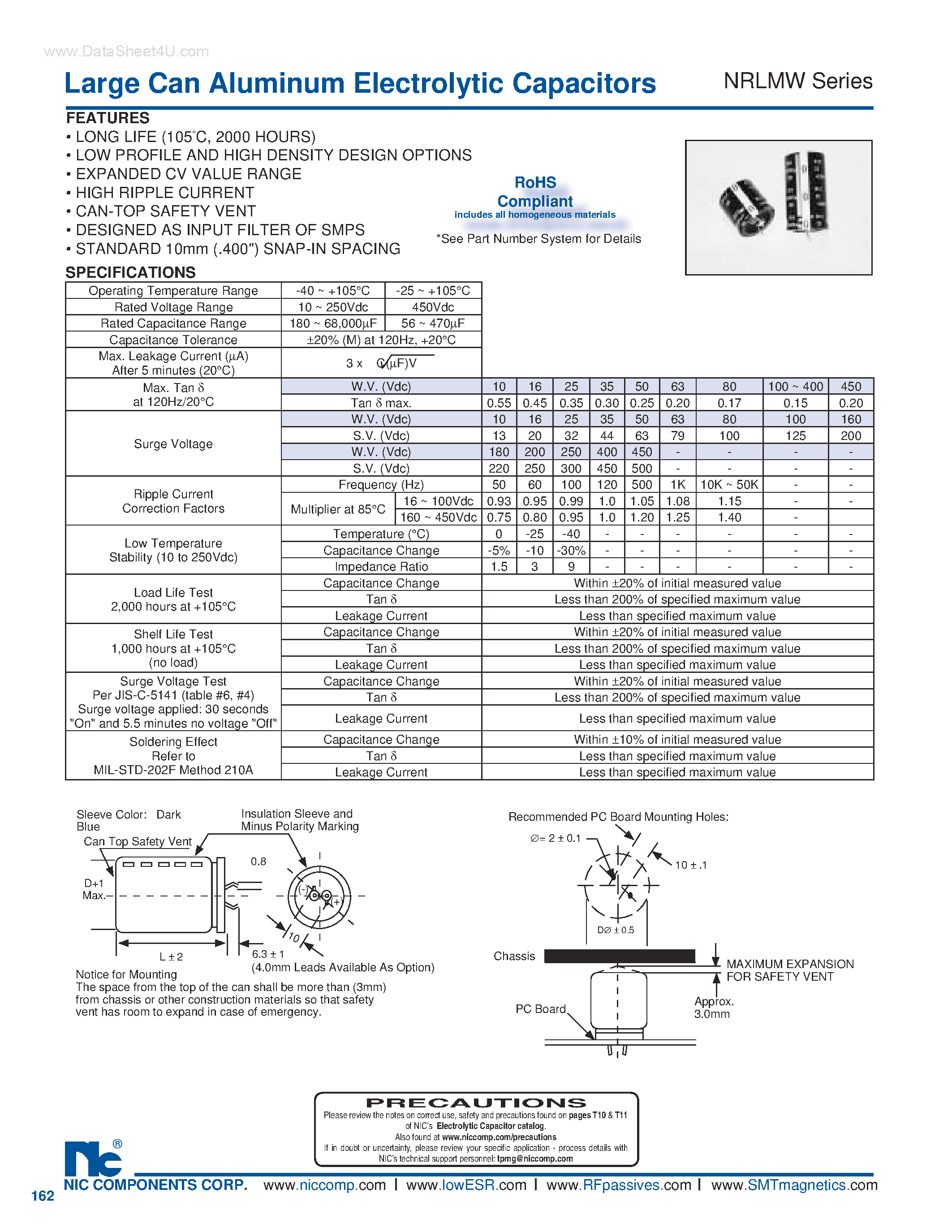 Datasheet NRLMW - Large Can Aluminum Electrolytic Capacitors page 1