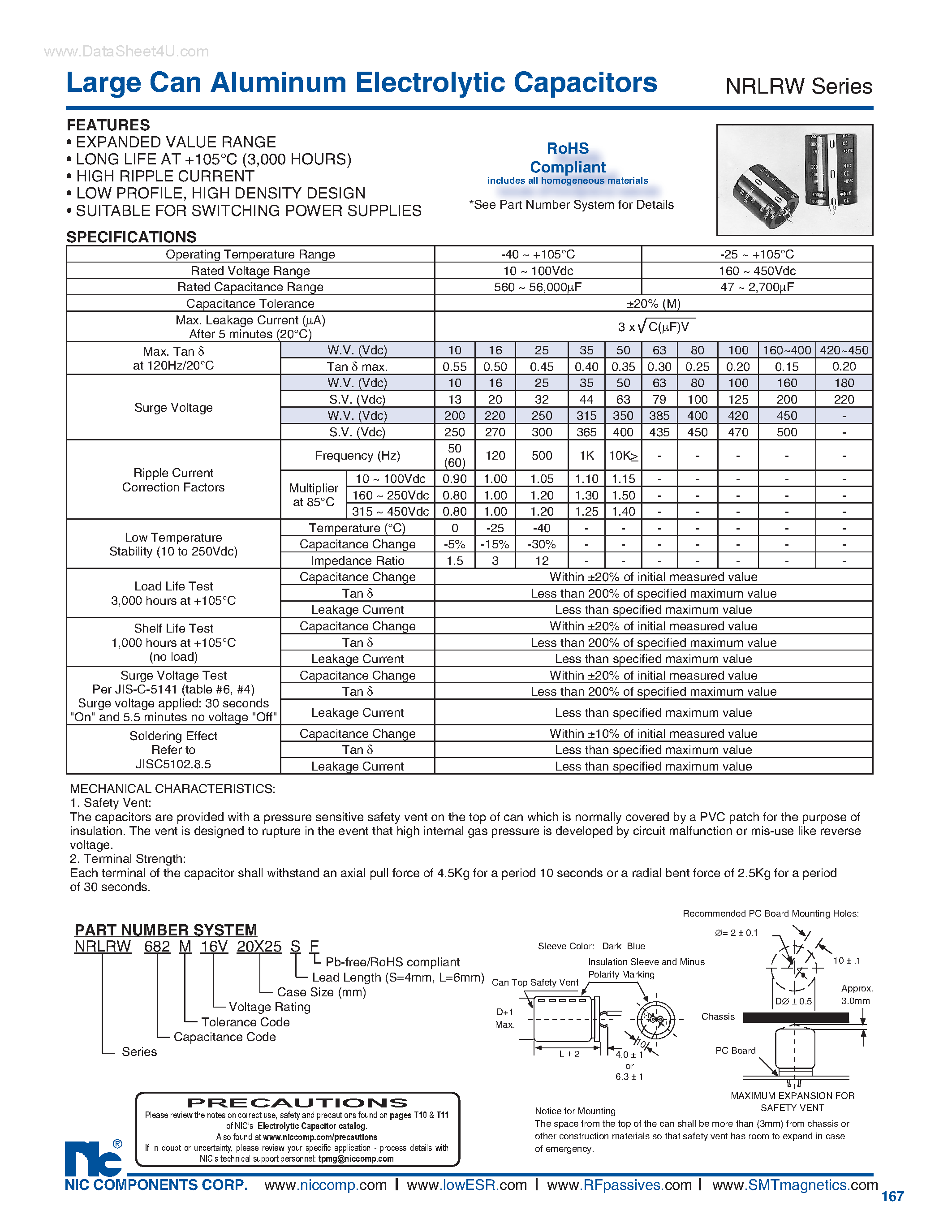 Datasheet NRLRW - Large Can Aluminum Electrolytic Capacitors page 1