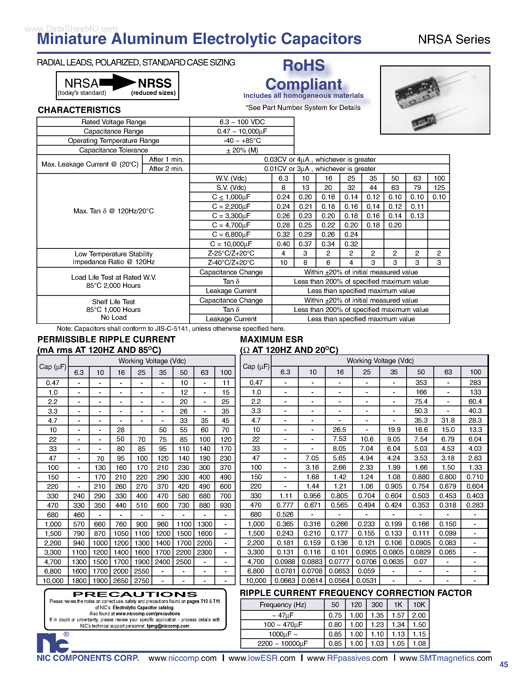 Datasheet NRSA - Miniature Aluminum Electrolytic Capacitors page 1