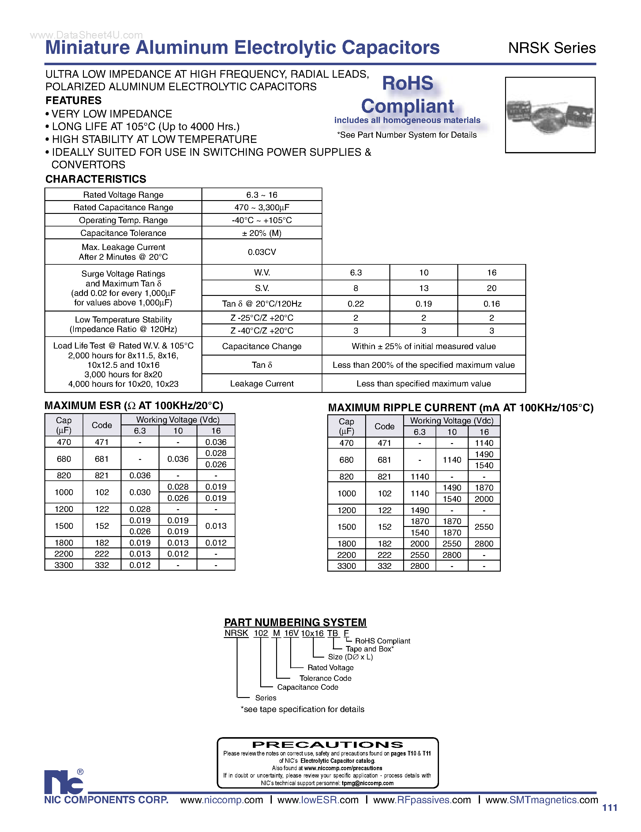 Datasheet NRSK - Miniature Aluminum Electrolytic Capacitors page 1