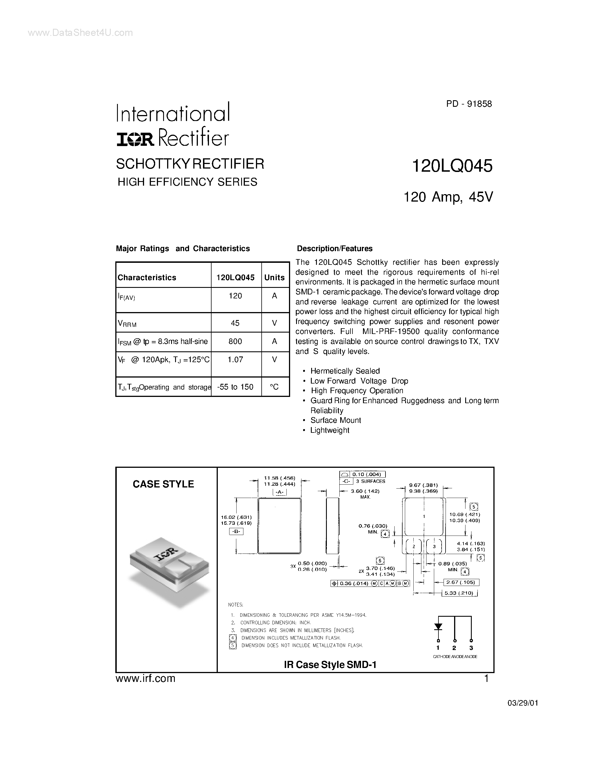 Datasheet 120LQ045 page 1 Datasheet 120LQ045 - SCHOTTKY RECTIFIER HIGH EFFICIENCY SERIES page 1