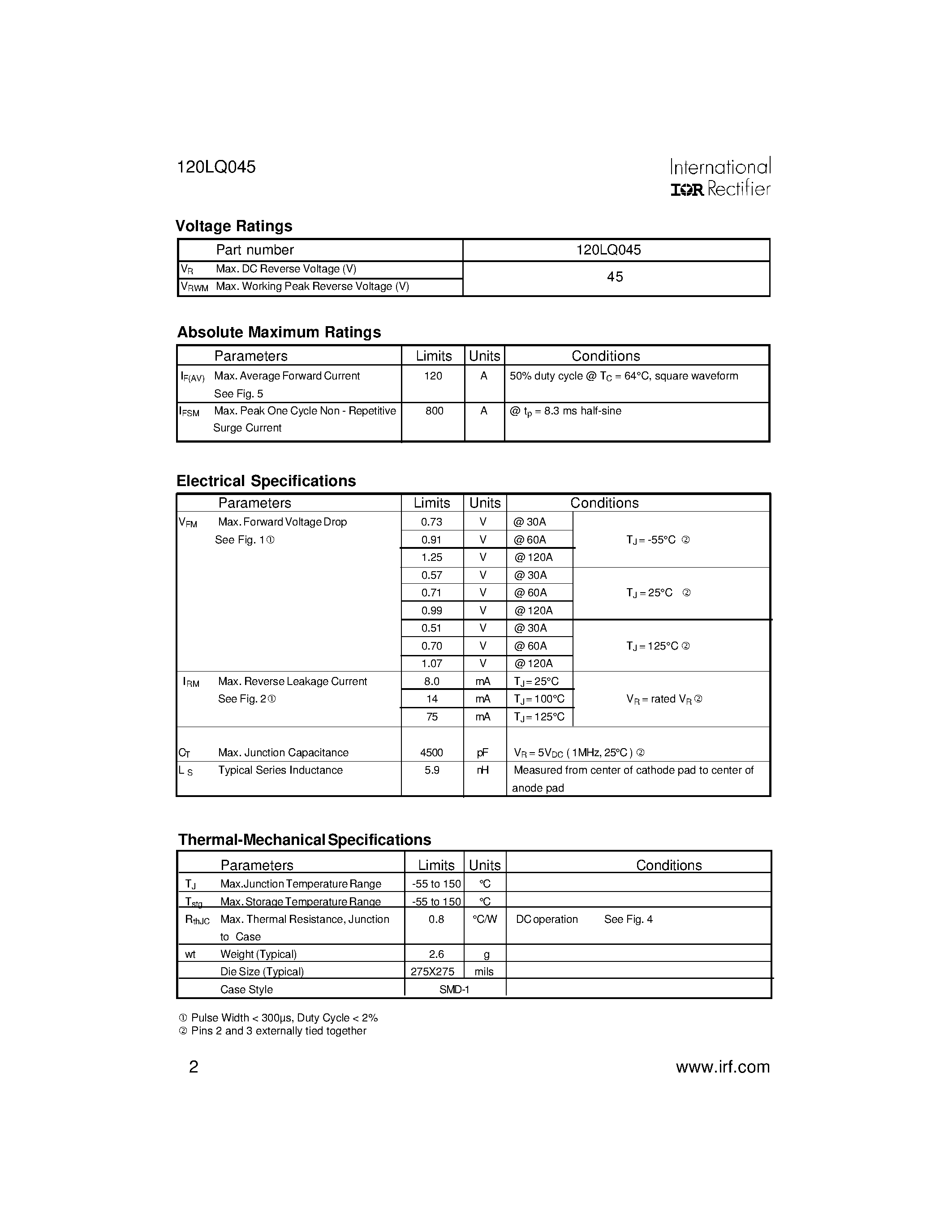 Datasheet 120LQ045 page 2 Datasheet 120LQ045 - SCHOTTKY RECTIFIER HIGH EFFICIENCY SERIES page 2