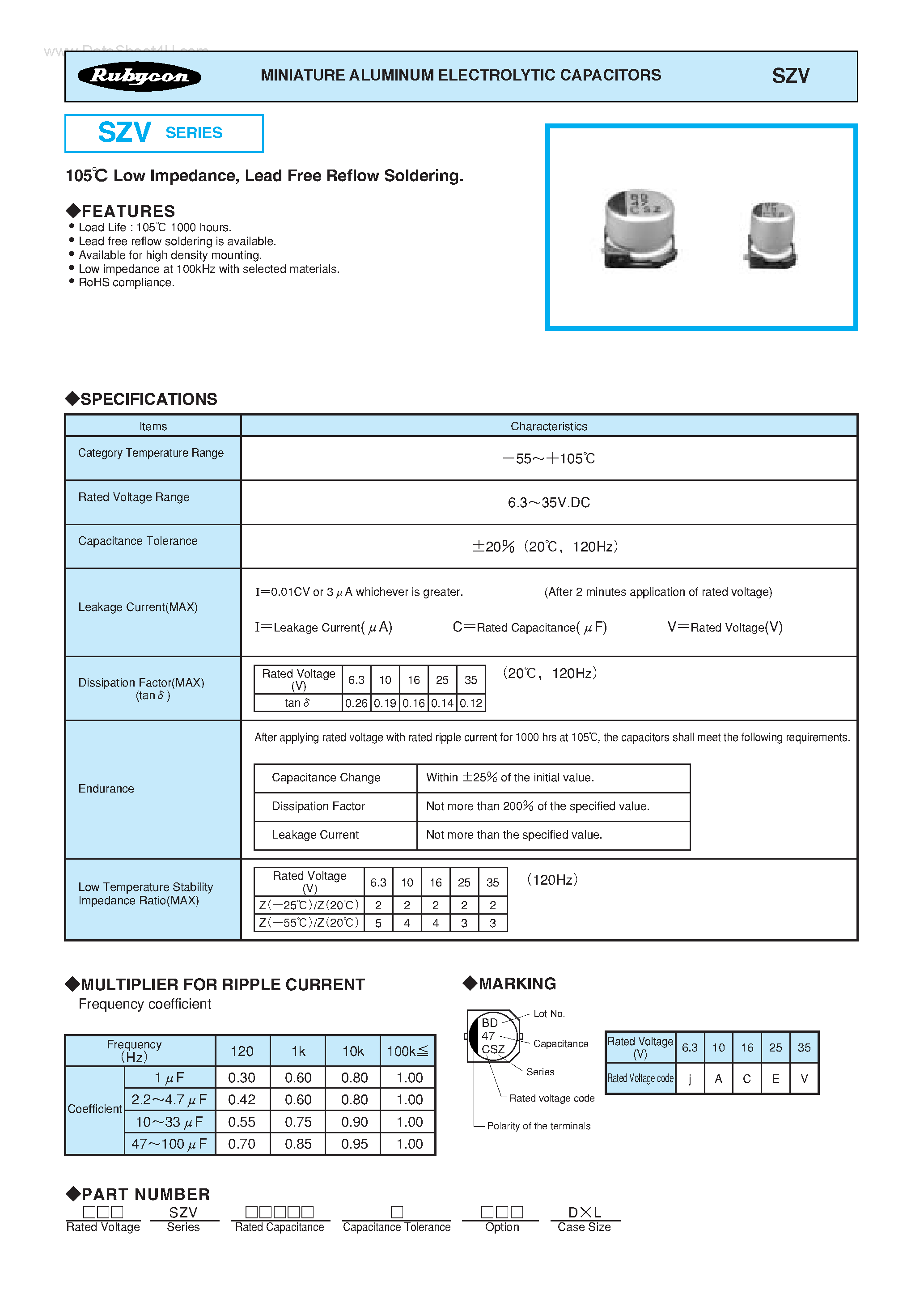 Datasheet 25SZVxxxx page 1 Datasheet 25SZVxxxx - MINIATURE ALUMINUM ELECTROLYTIC CAPACITORS page 1