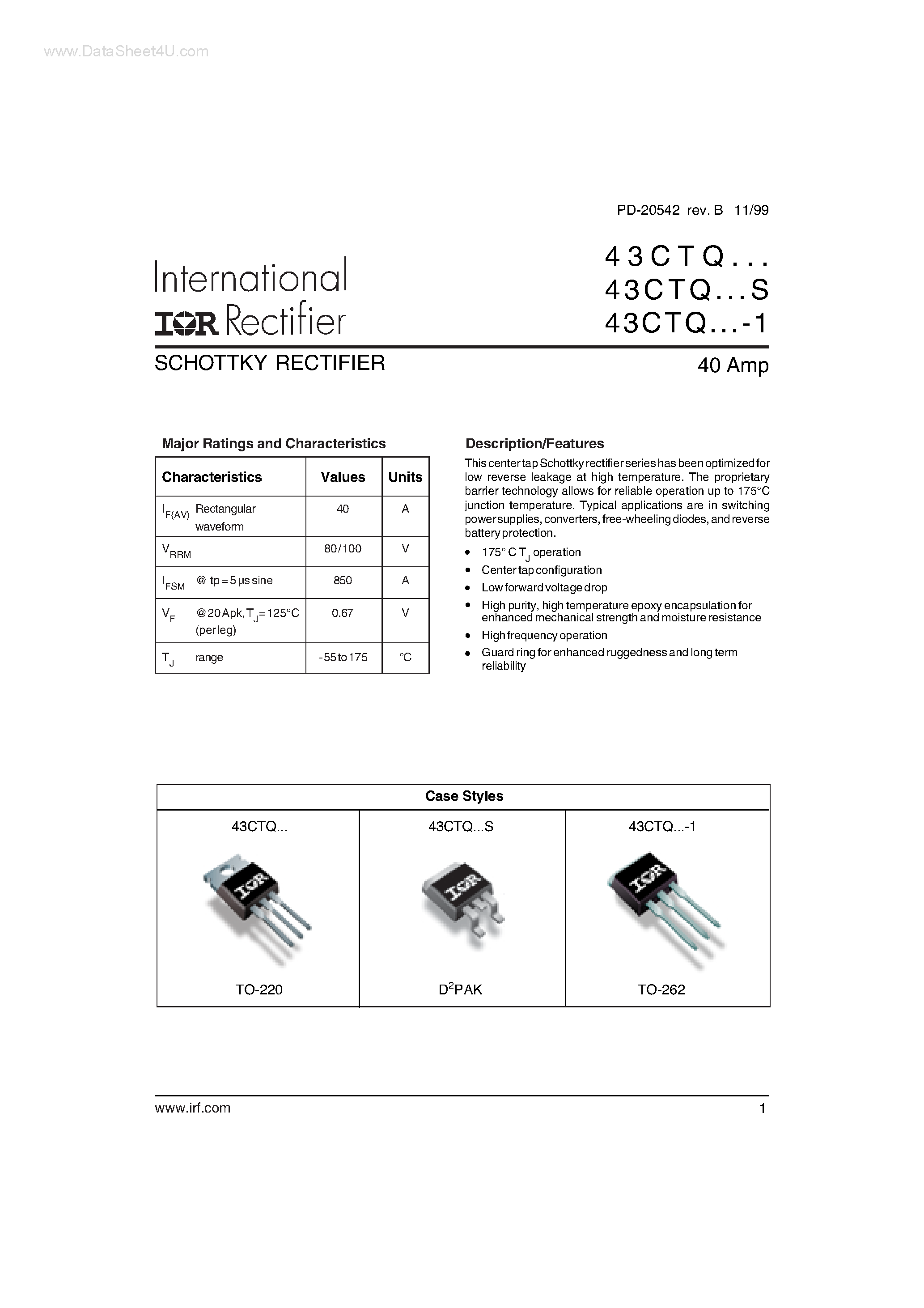 Datasheet 43CTQ080 - (43CTQxxx-x) SCHOTTKY RECTIFIER page 1