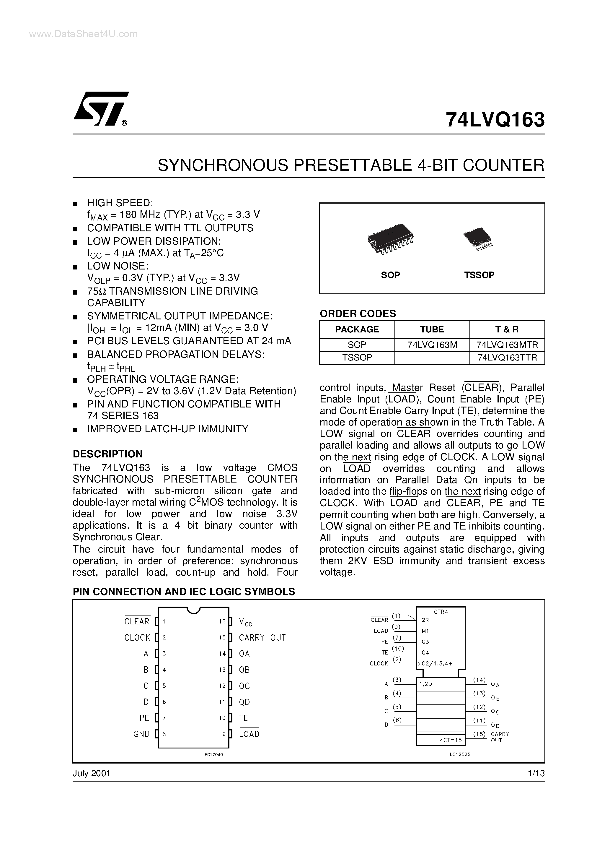 Datasheet 74LVQ163 page 1 Datasheet 74LVQ163 - SYNCHRONOUS PRESETTABLE 4-BIT COUNTER page 1