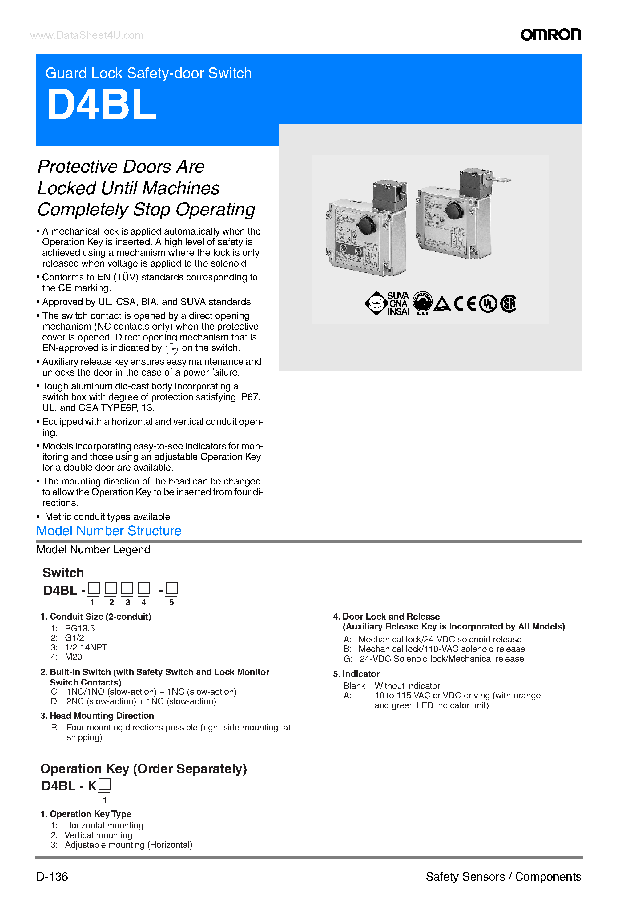Даташит на микросхему D4BL страница 1 Даташит D4BL - Guard Lock Safety-door Switch страница 1