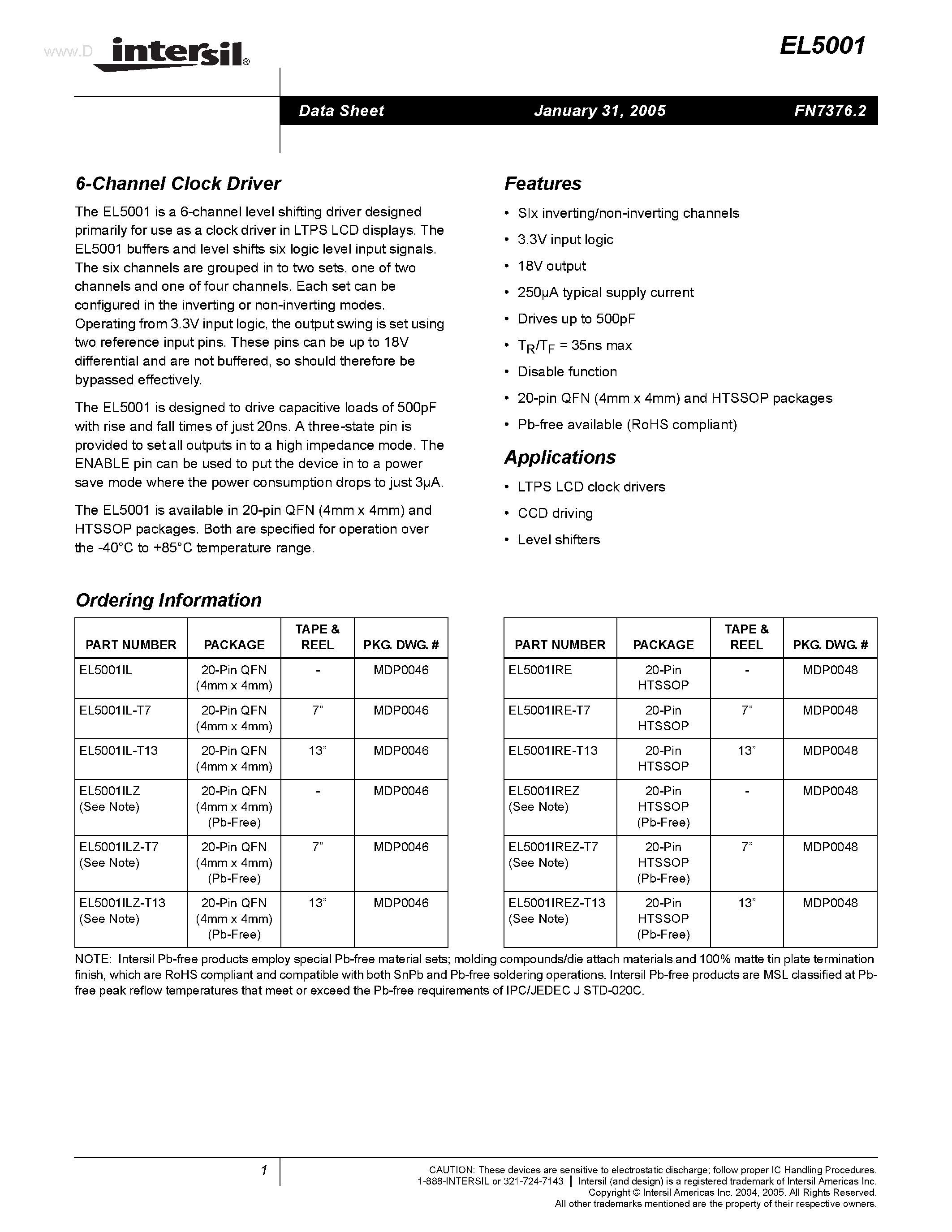Datasheet EL5001 page 1 Datasheet EL5001 - 6-Channel Clock Driver page 1