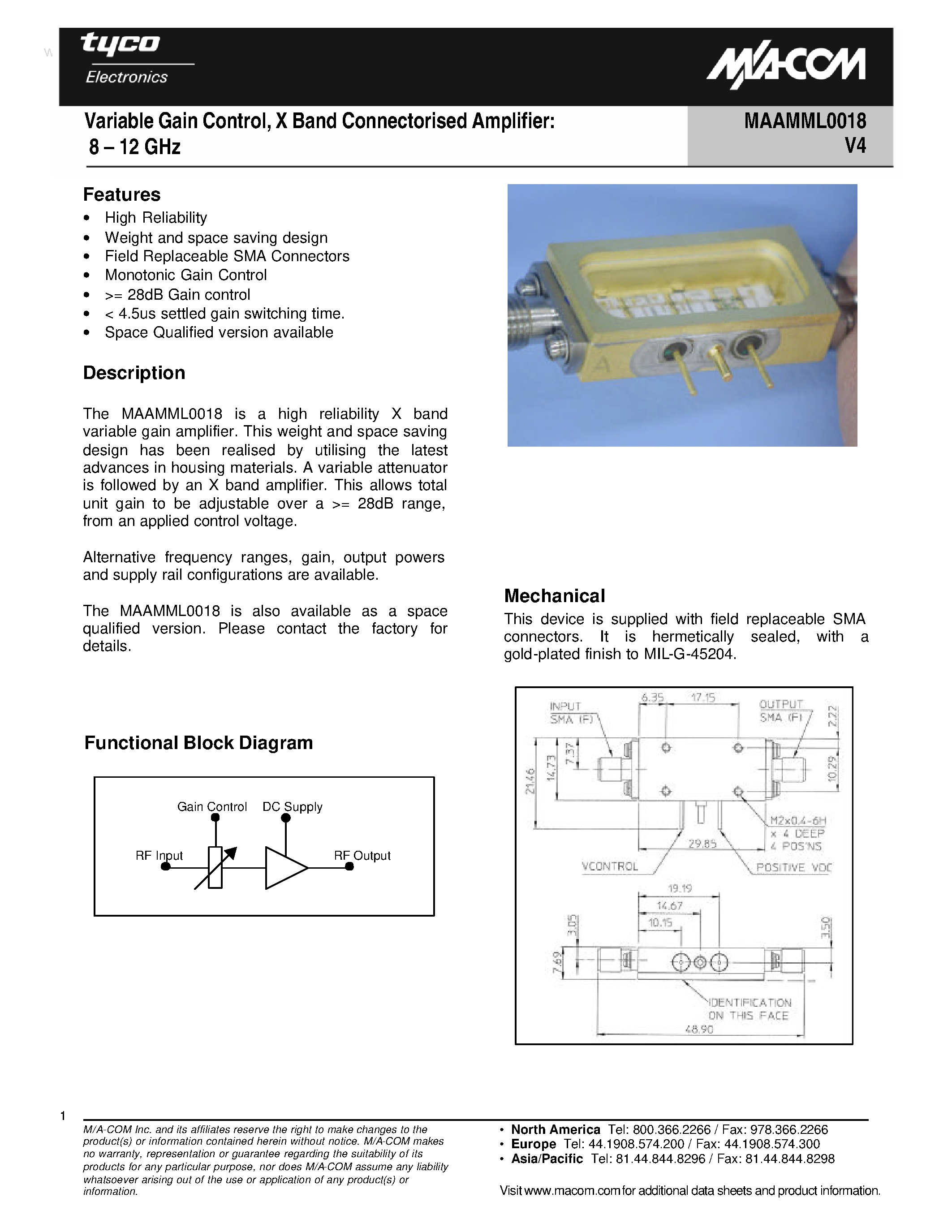 Даташит MAAMML0018 - X Band Connectorised Amplifier страница 1