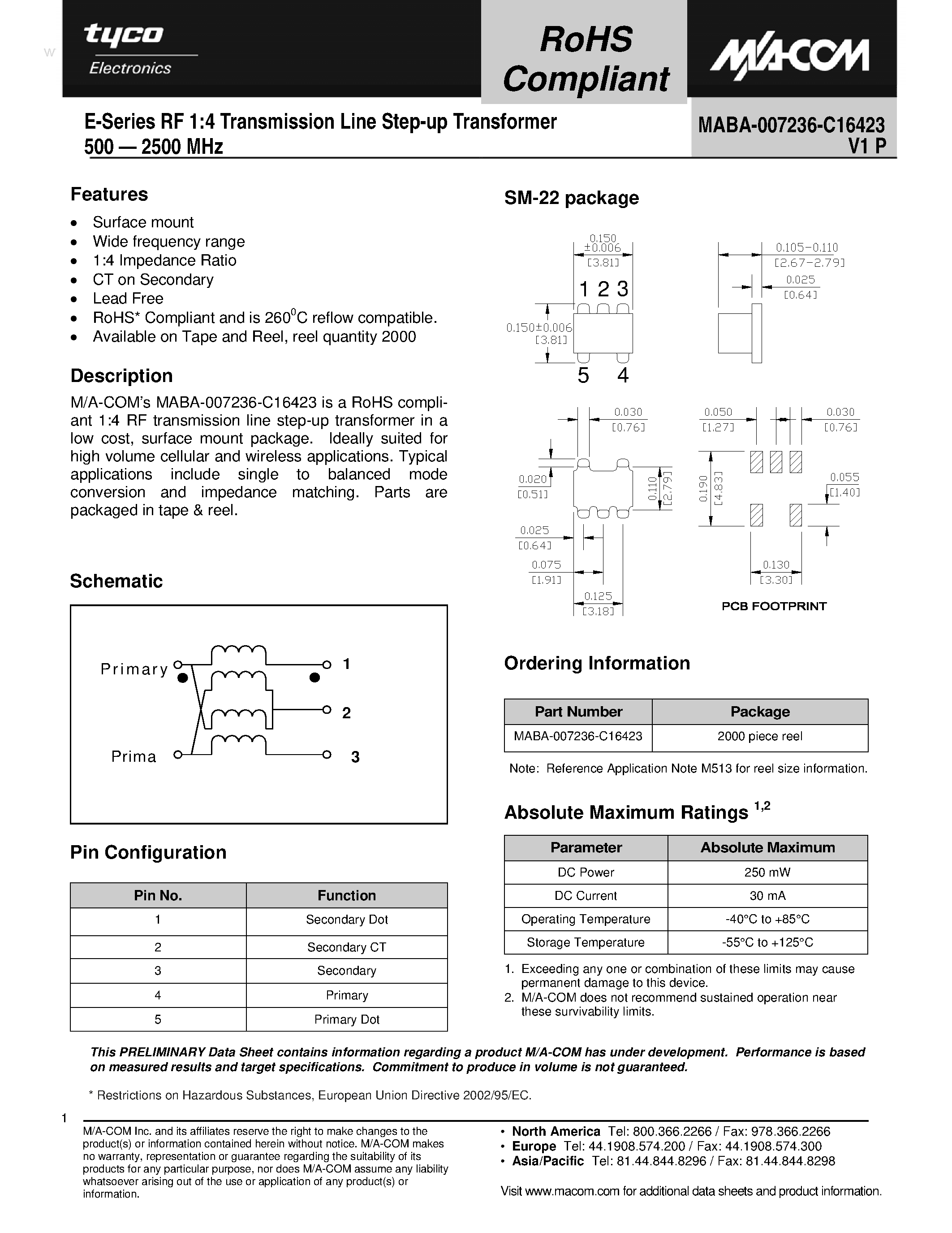 Datasheet MABA-007236-C16423 - E-Series RF 1:4 Transmission Line Step-up Transformer page 1