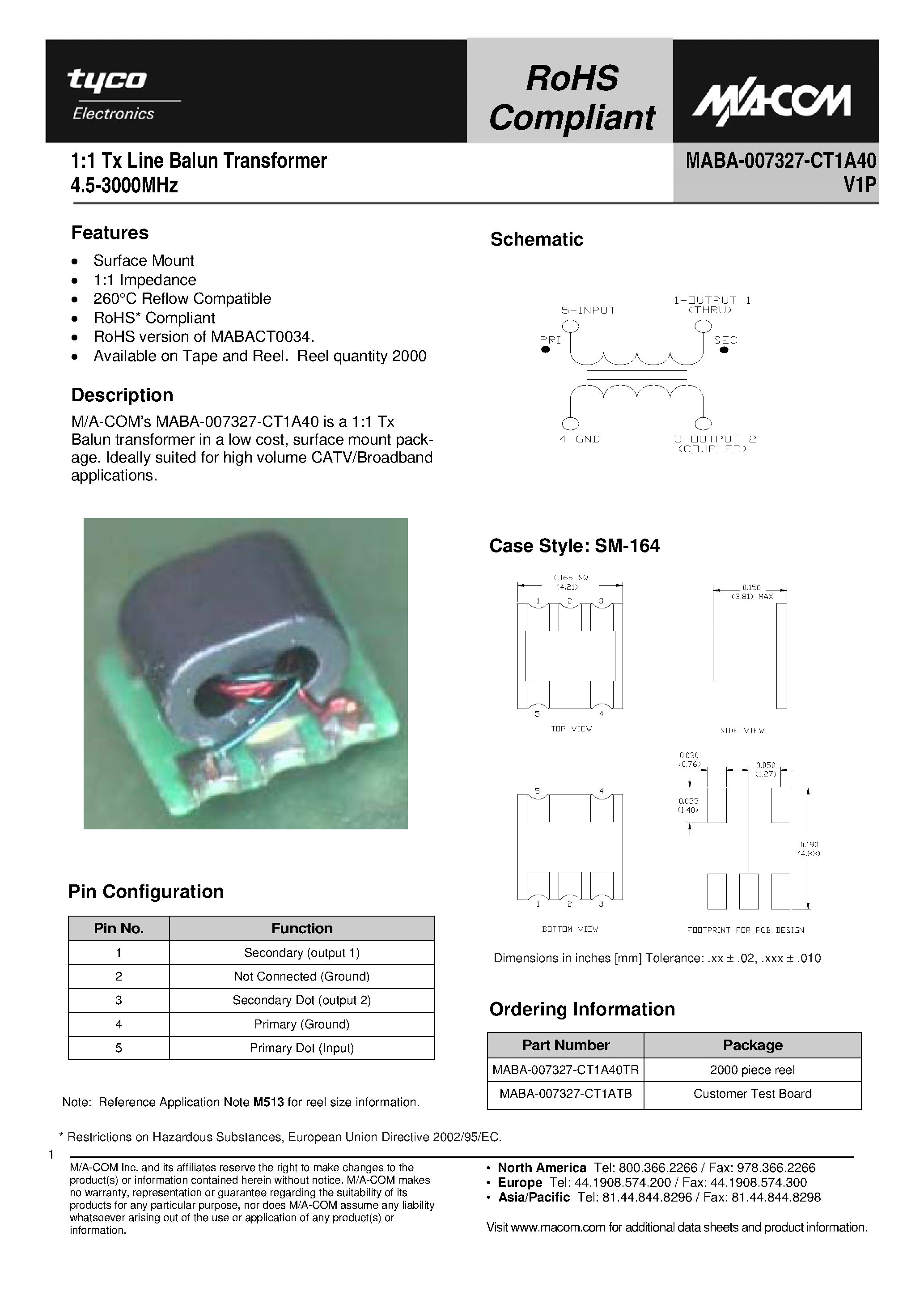 Даташит MABA-007327-CT1A40 - 1:1 Tx Line Balun Transformer страница 1