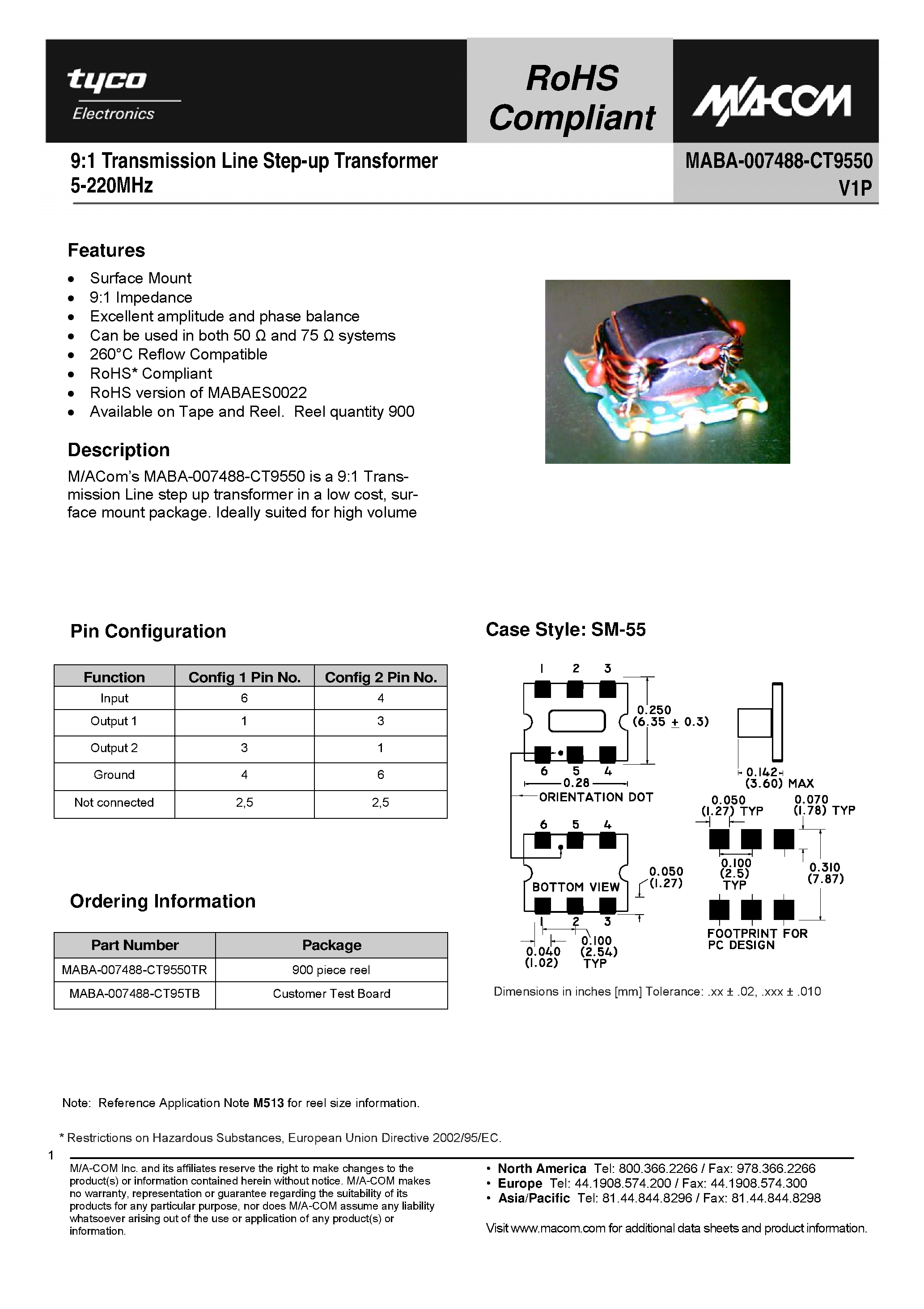 Datasheet MABA-007488-CT9550 - 9:1 Transmission Line Step-up Transformer page 1