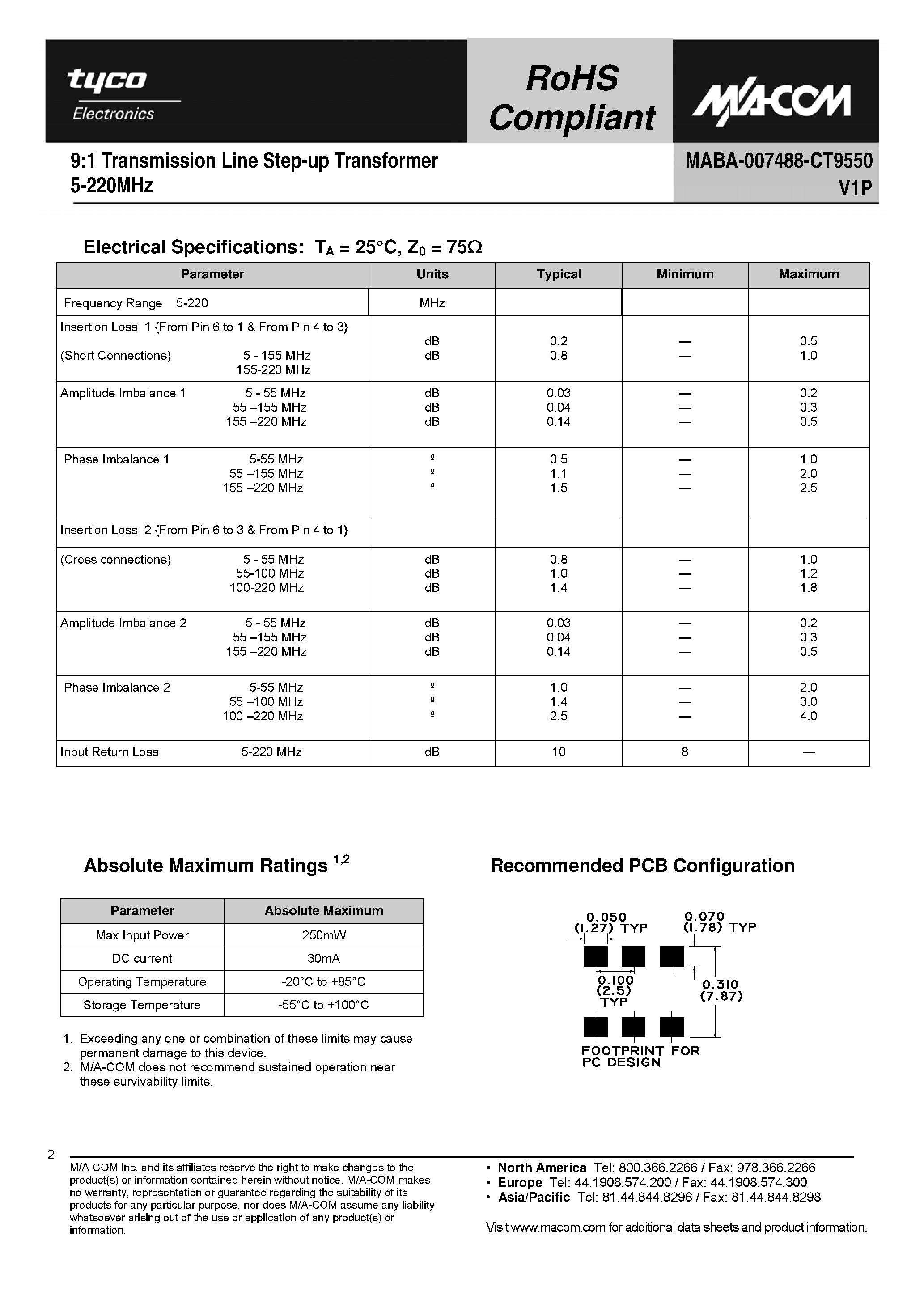 Datasheet MABA-007488-CT9550 - 9:1 Transmission Line Step-up Transformer page 2