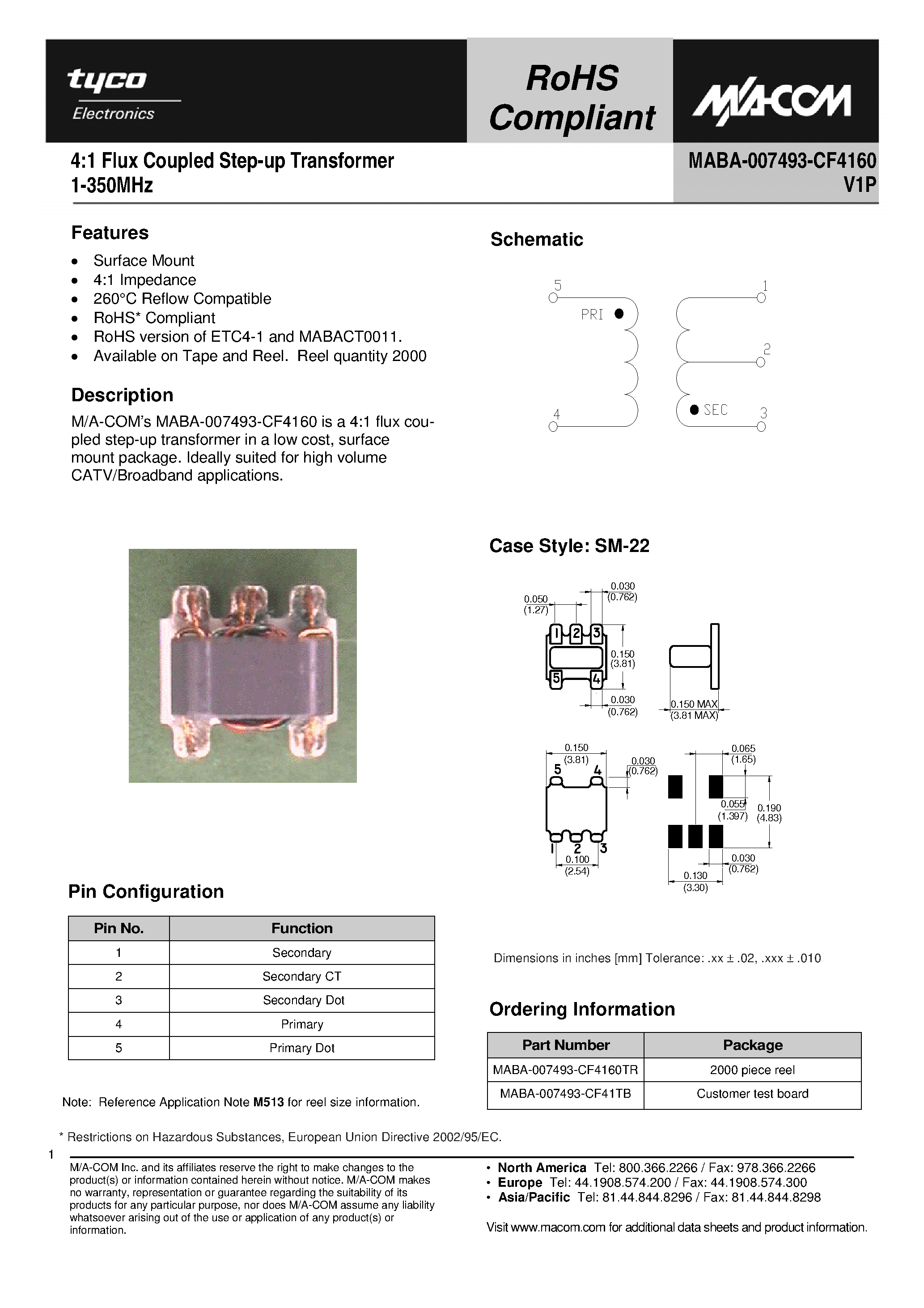 Datasheet MABA-007493-CF4160 - 4:1 Flux Coupled Step-up Transformer page 1