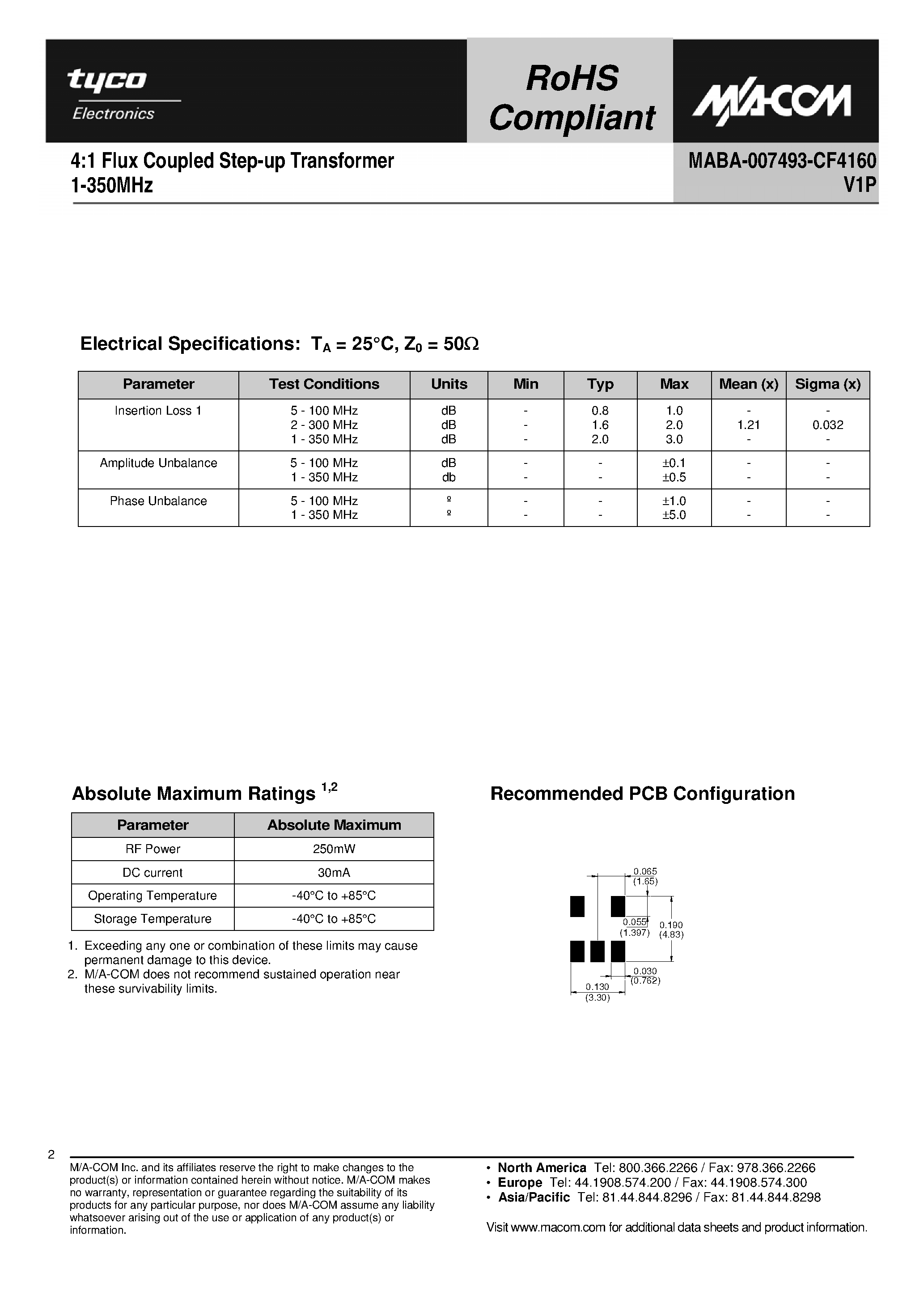 Datasheet MABA-007493-CF4160 - 4:1 Flux Coupled Step-up Transformer page 2