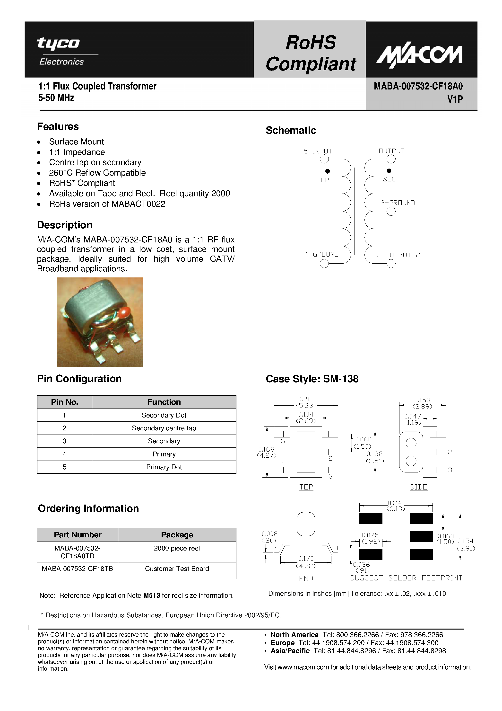Даташит MABA-007532-CF18A0 - 1:1 Flux Coupled Transformer страница 1