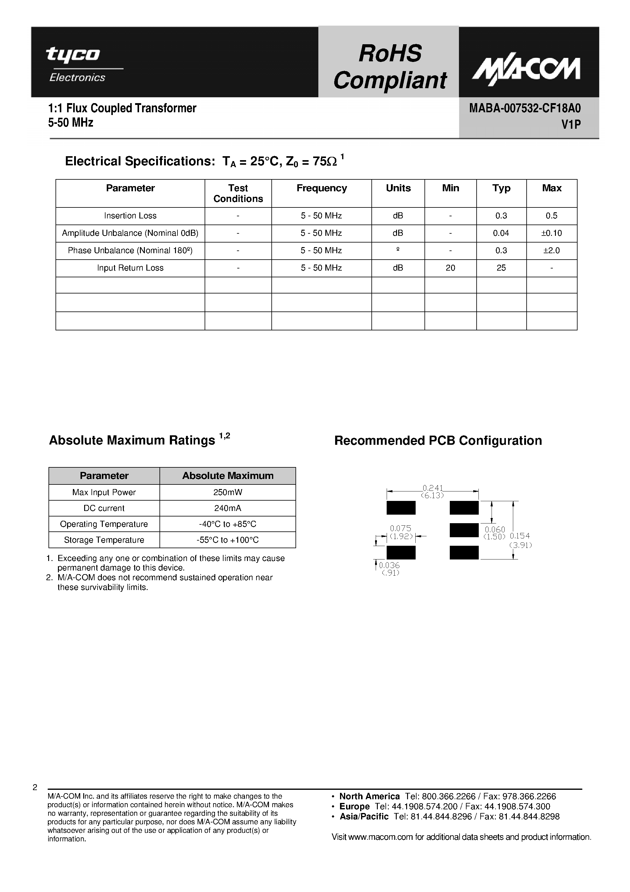 Даташит MABA-007532-CF18A0 - 1:1 Flux Coupled Transformer страница 2
