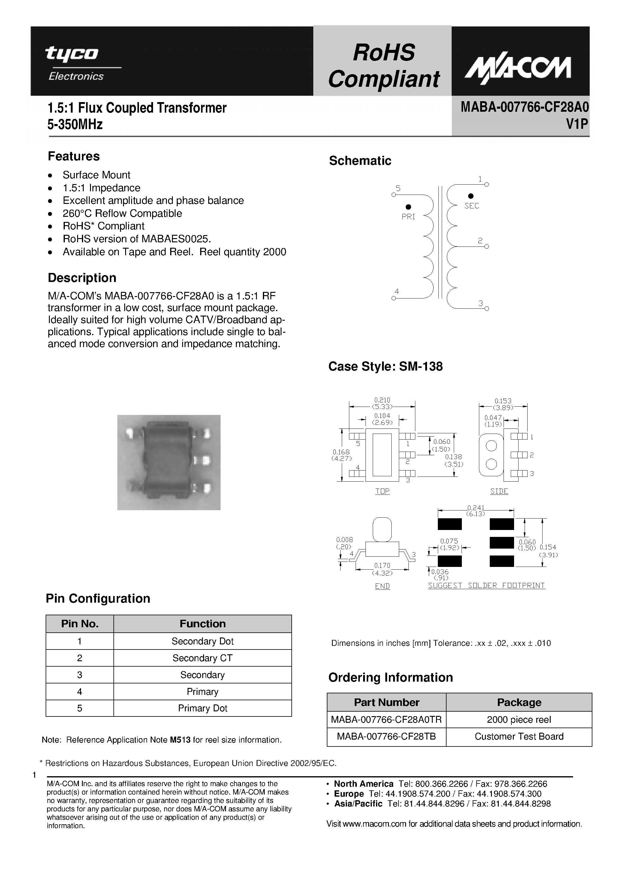 Datasheet MABA-007766-CF28A0 - 1.5:1 Flux Coupled Transformer page 1