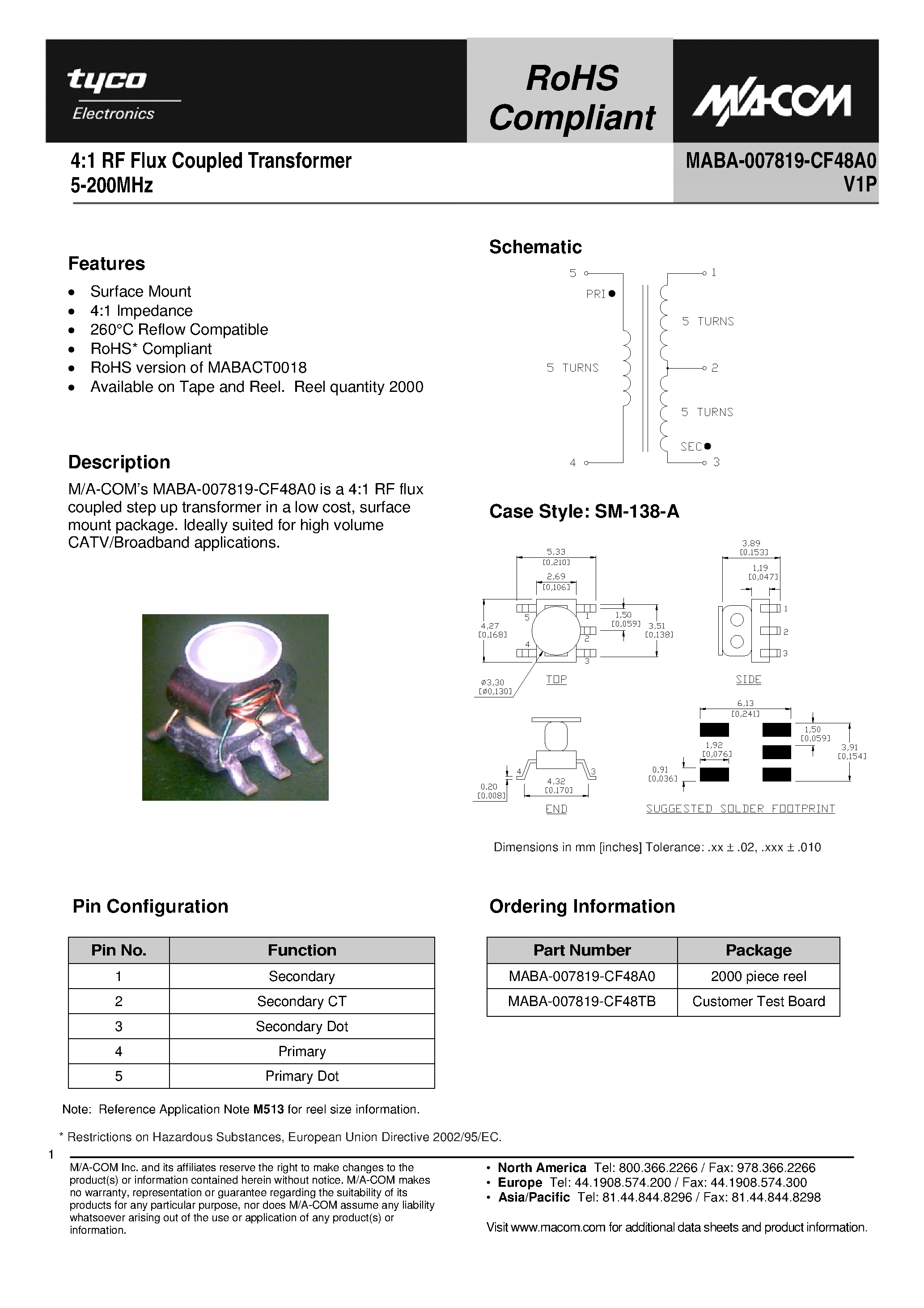 Datasheet MABA-007819-CF48A0 - 4:1 RF Flux Coupled Transformer page 1