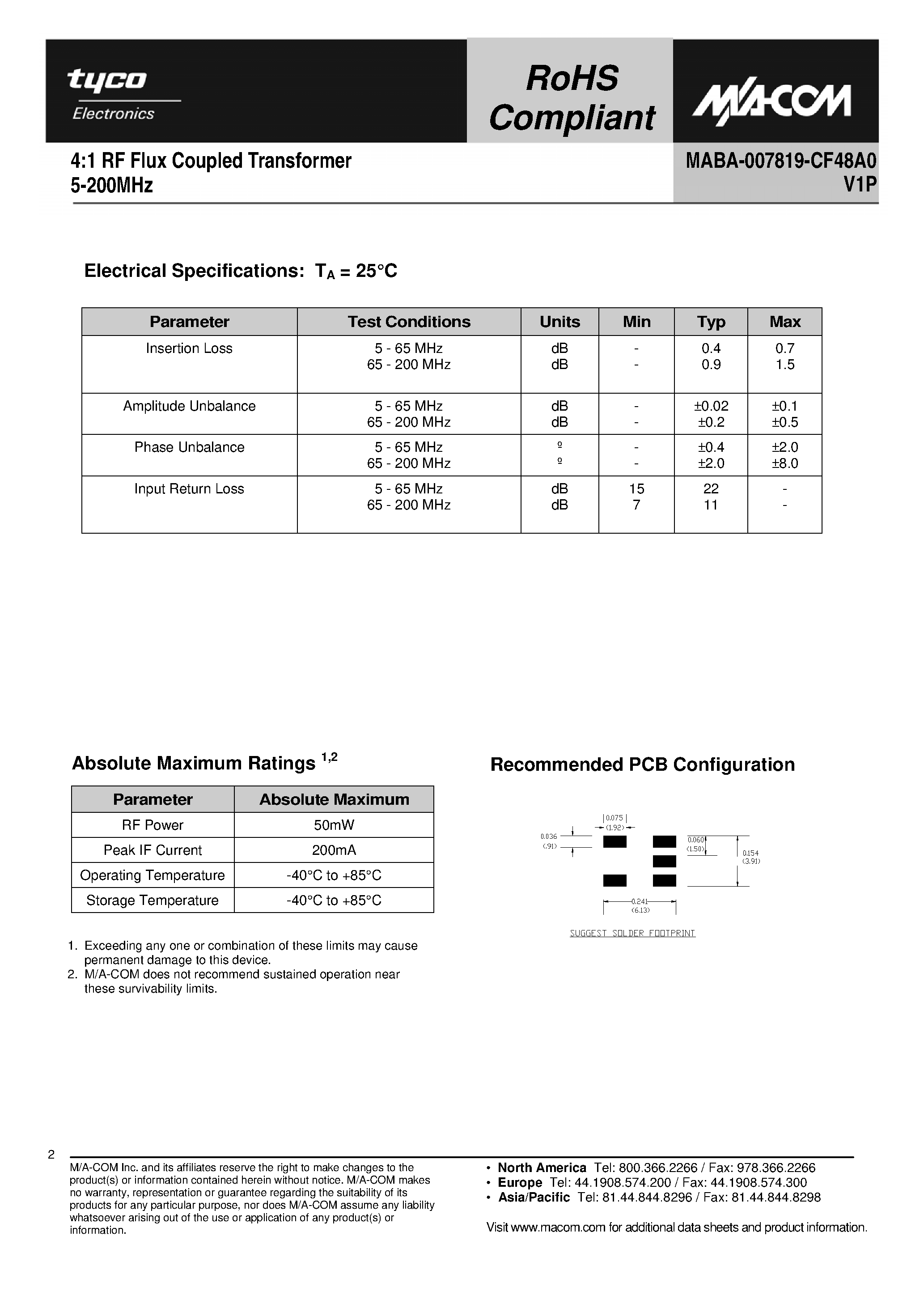 Datasheet MABA-007819-CF48A0 - 4:1 RF Flux Coupled Transformer page 2