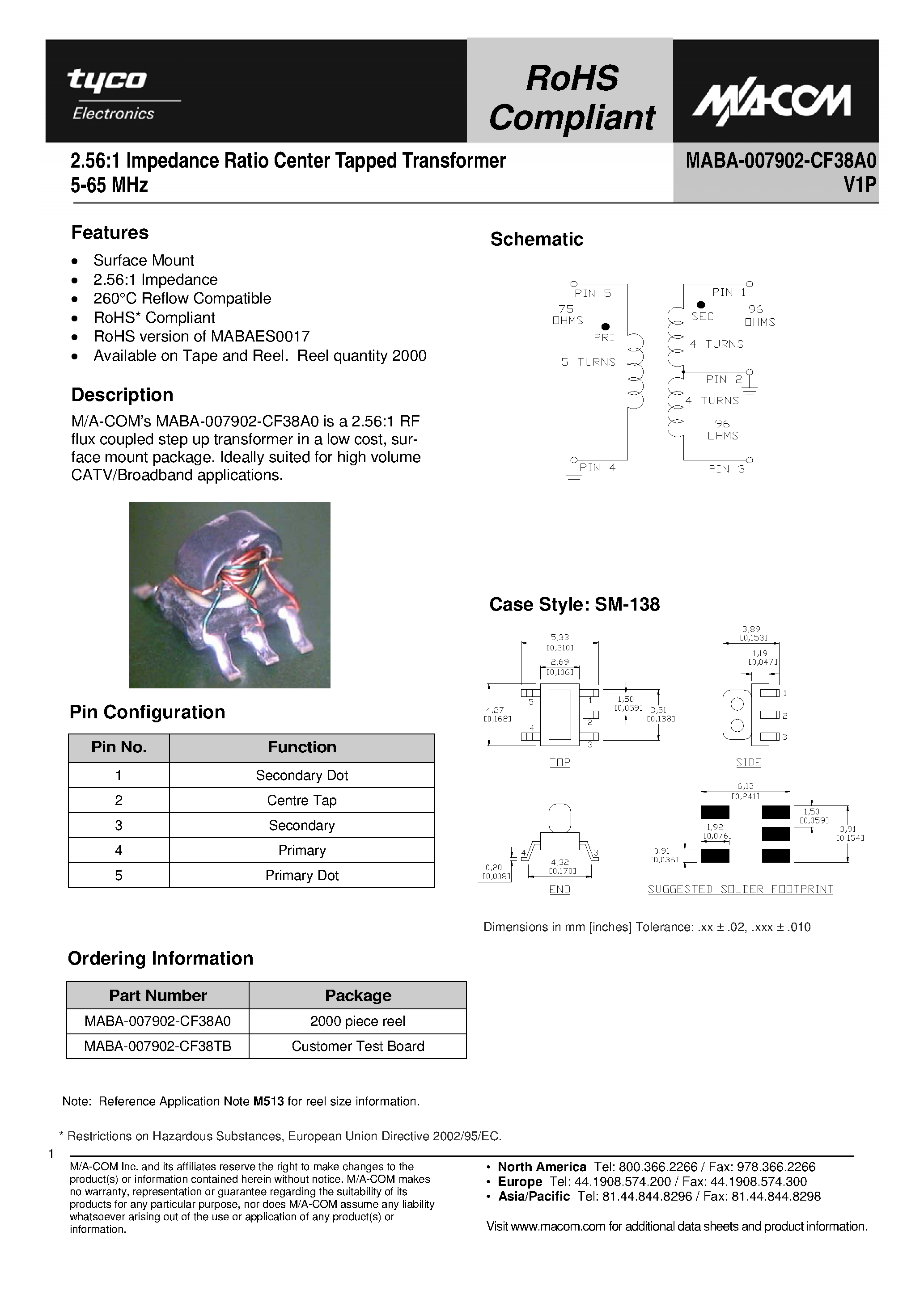 Datasheet MABA-007902-CF38A0 - 2.56:1 Impedance Ratio Center Tapped Transformer page 1