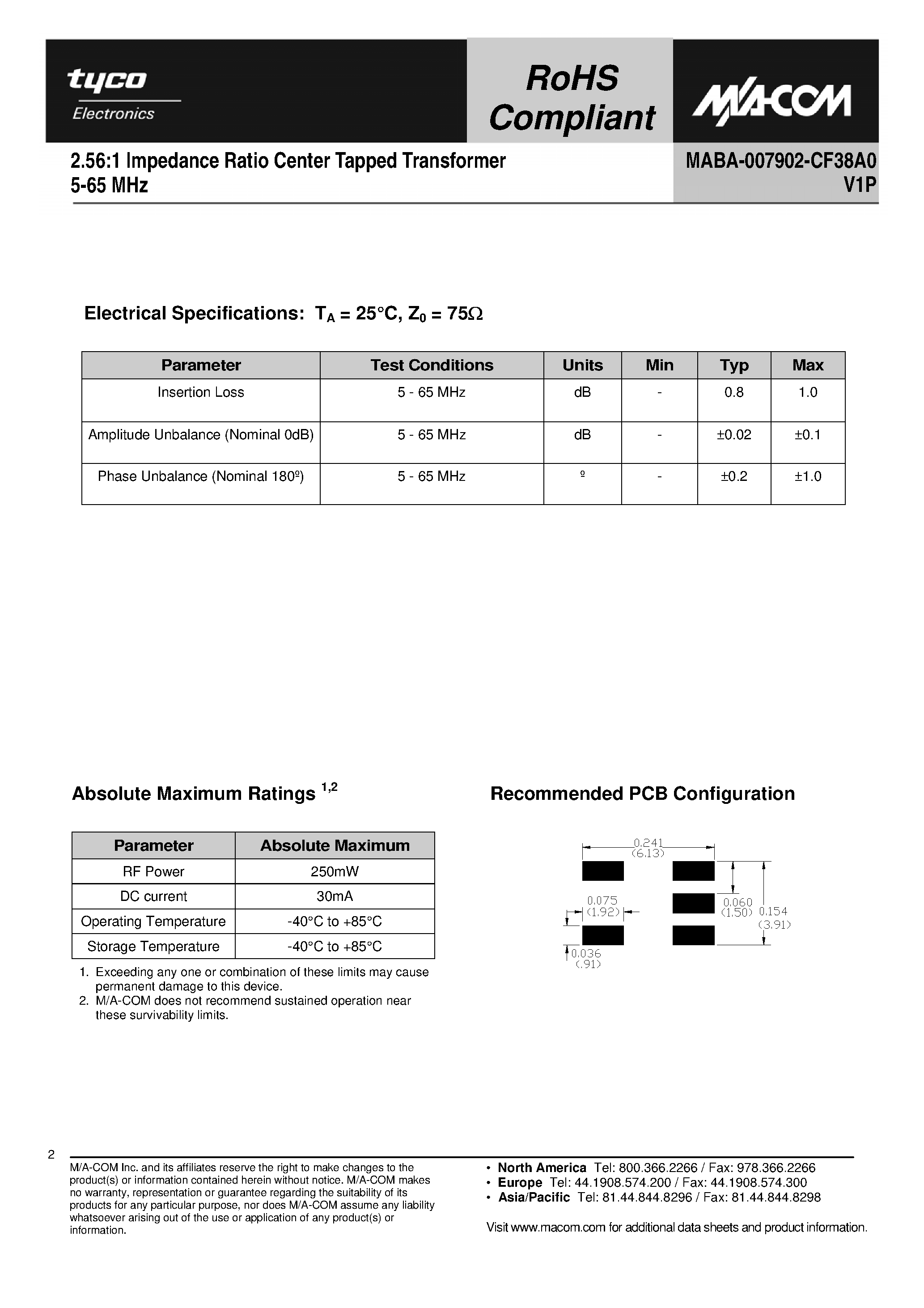 Datasheet MABA-007902-CF38A0 - 2.56:1 Impedance Ratio Center Tapped Transformer page 2