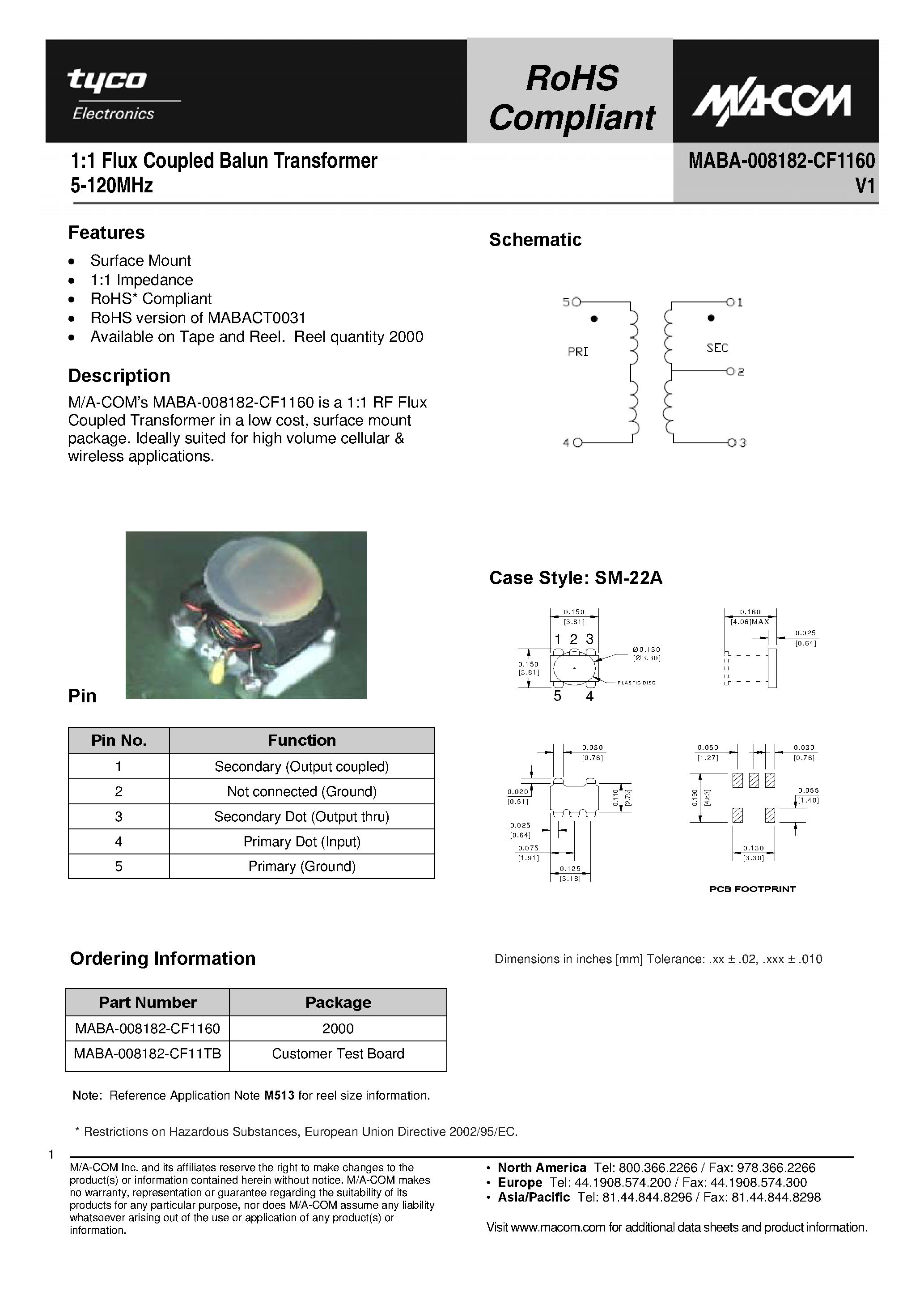 Даташит MABA-008182-CF1160 - 1:1 Flux Coupled Balun Transformer страница 1